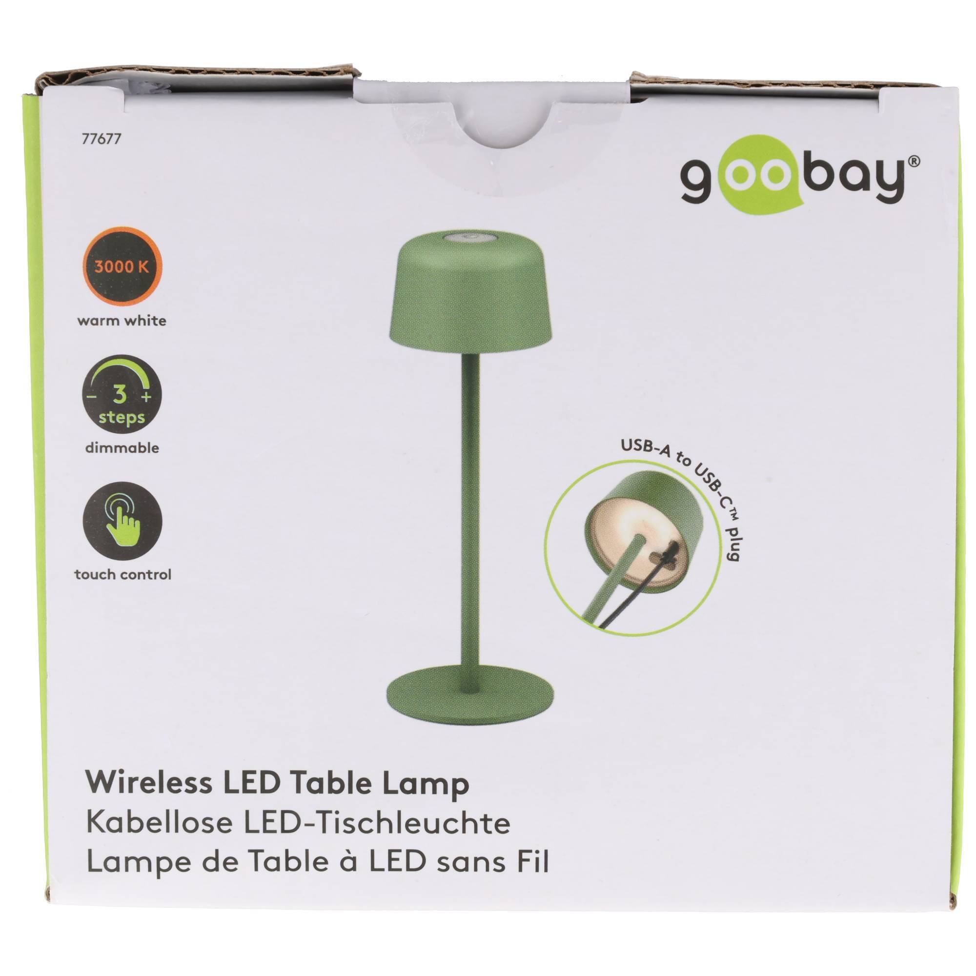 Verpackung einer grünen kabellosen LED-Tischleuchte mit 3000K warmweiß, 3-stufiger dimmbarer Touchsteuerung und USB-A-zu-USB-C-Ladestecker.