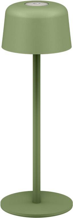 Moderne grüne Tischleuchte mit zylindrischem Schirm, schlankem Schaft und rundem Sockel auf weißem Hintergrund.