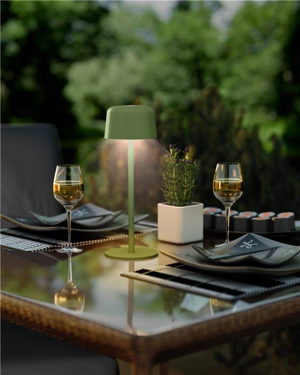 Gartentisch-Set für zwei Personen mit Weingläsern, Tellern, Servietten, einer kleinen Topfpflanze und einer grünen Tischlampe