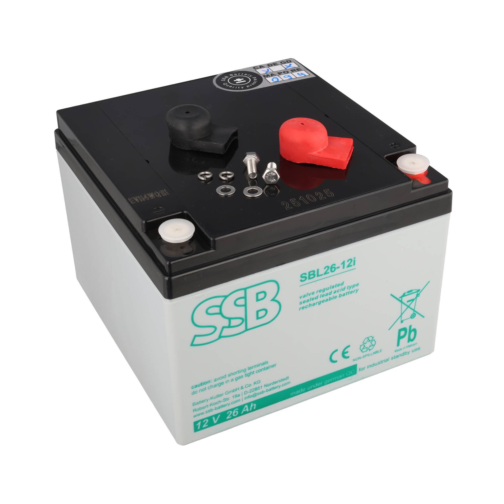 12V 26Ah versiegelter Bleiakku mit schwarzer Oberseite, roten und schwarzen Anschlüssen und SSB-Branding auf der Vorderseite.