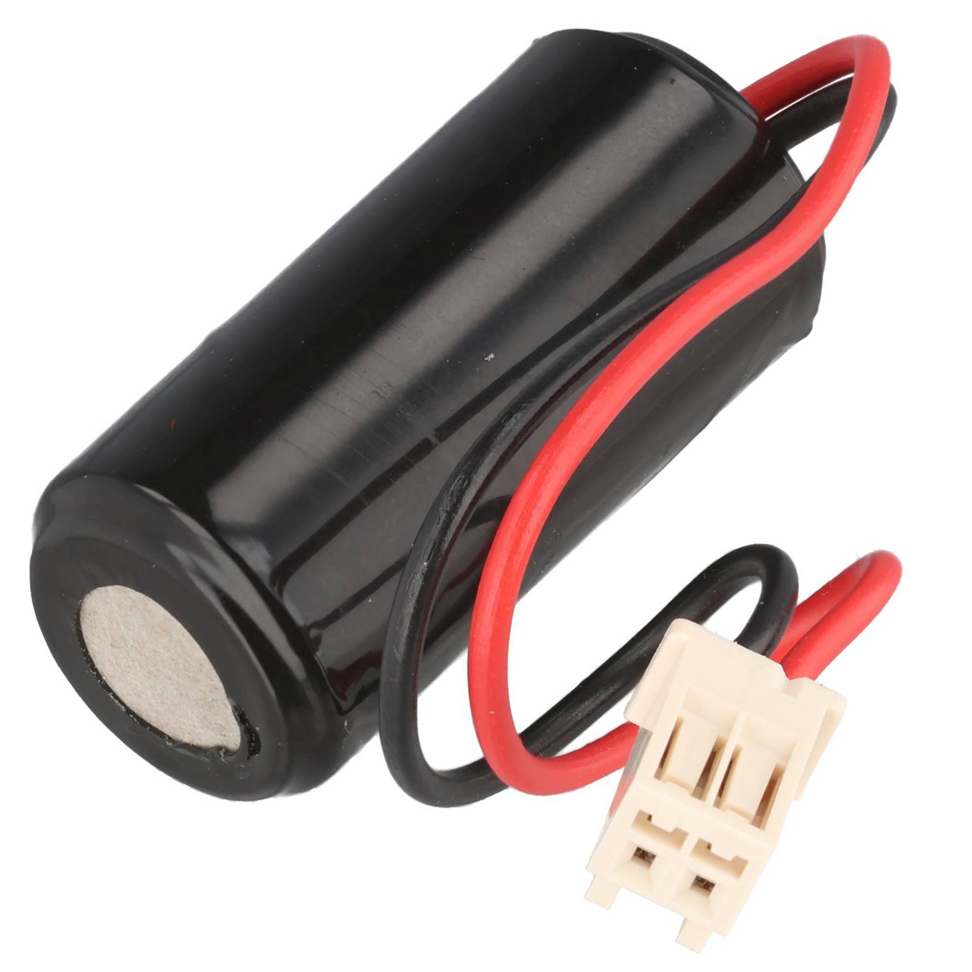 Schwarzes zylindrisches Batteriepack mit roten und schwarzen Drähten, die an einem weißen Stecker enden.