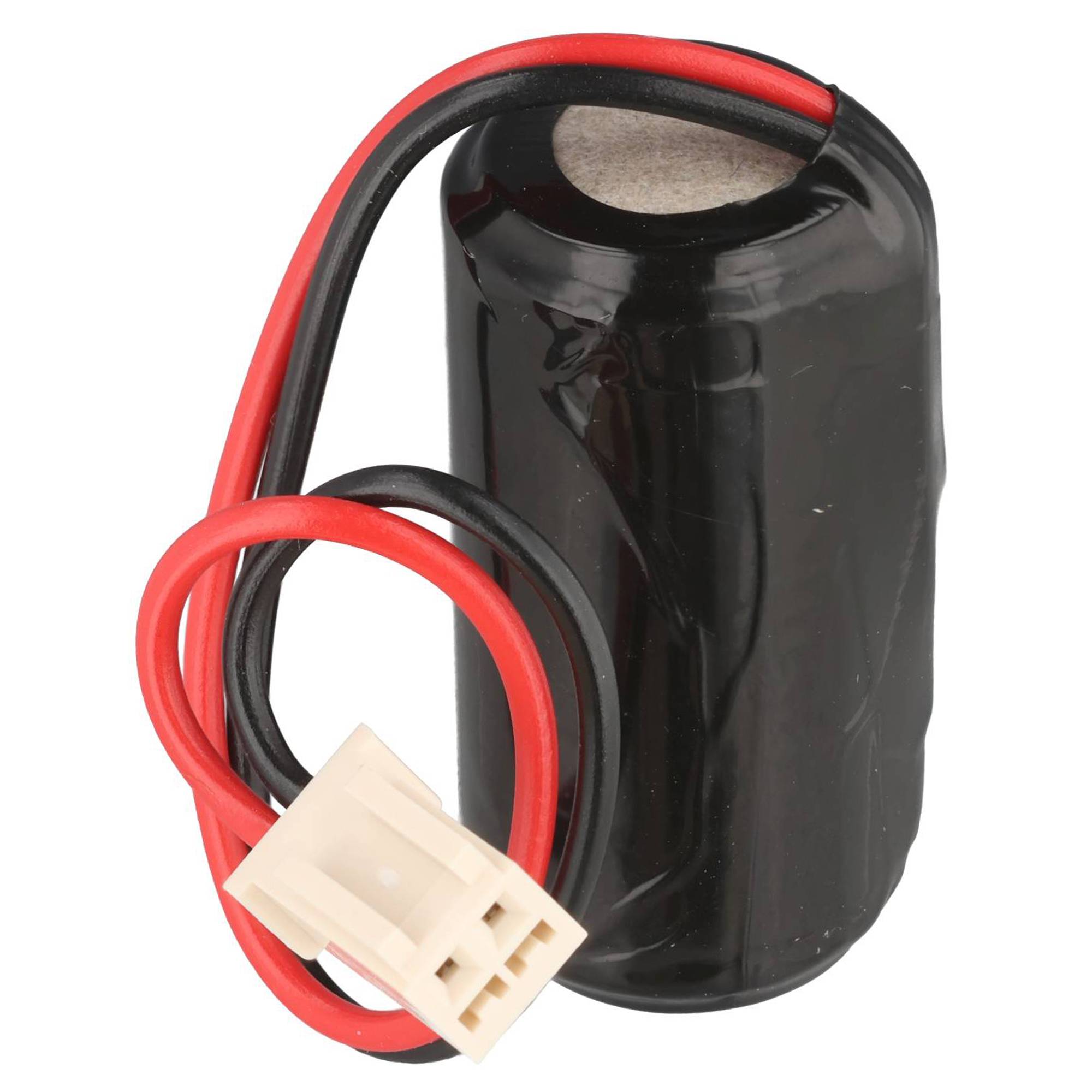 Schwarzes zylindrisches Batteriepaket mit roten und schwarzen Drähten, die in einem weißen Stecker enden.