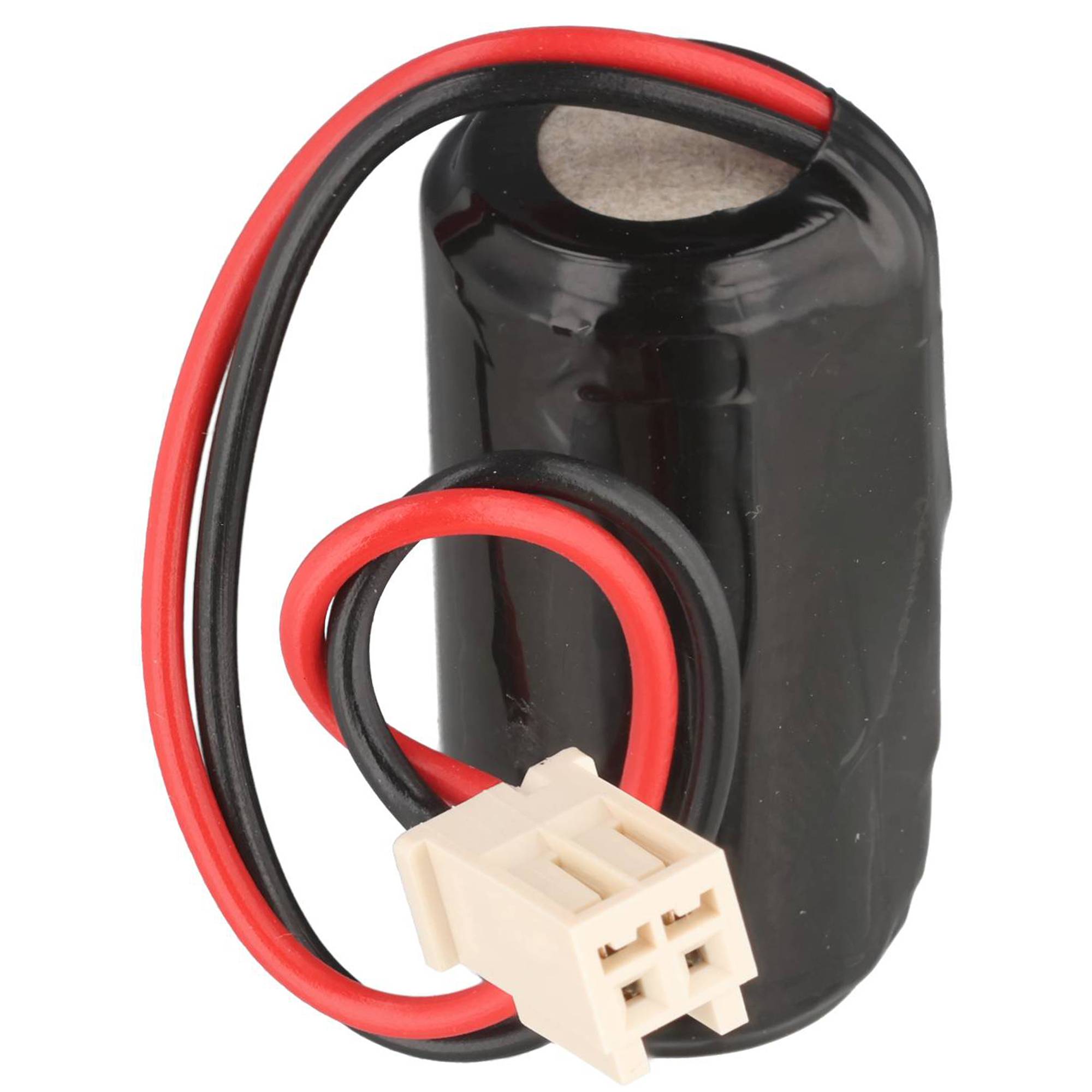 Eine schwarze zylindrische Batterie mit roten und schwarzen Kabeln, die an einen weißen Steckverbinder angeschlossen sind.