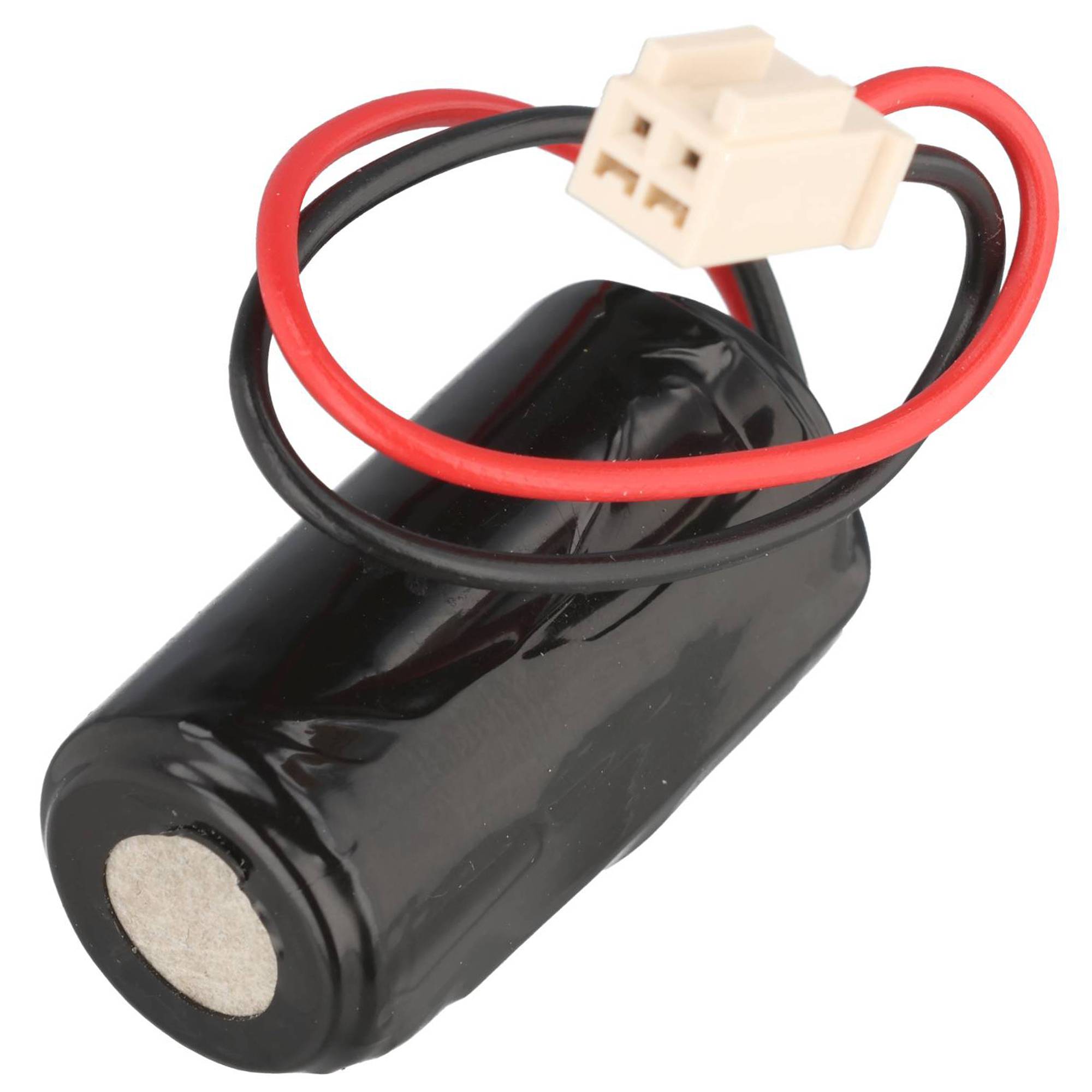 Schwarzes zylindrisches Batteriepack mit roten und schwarzen Drähten, die in einem weißen zweipoligen Stecker enden.