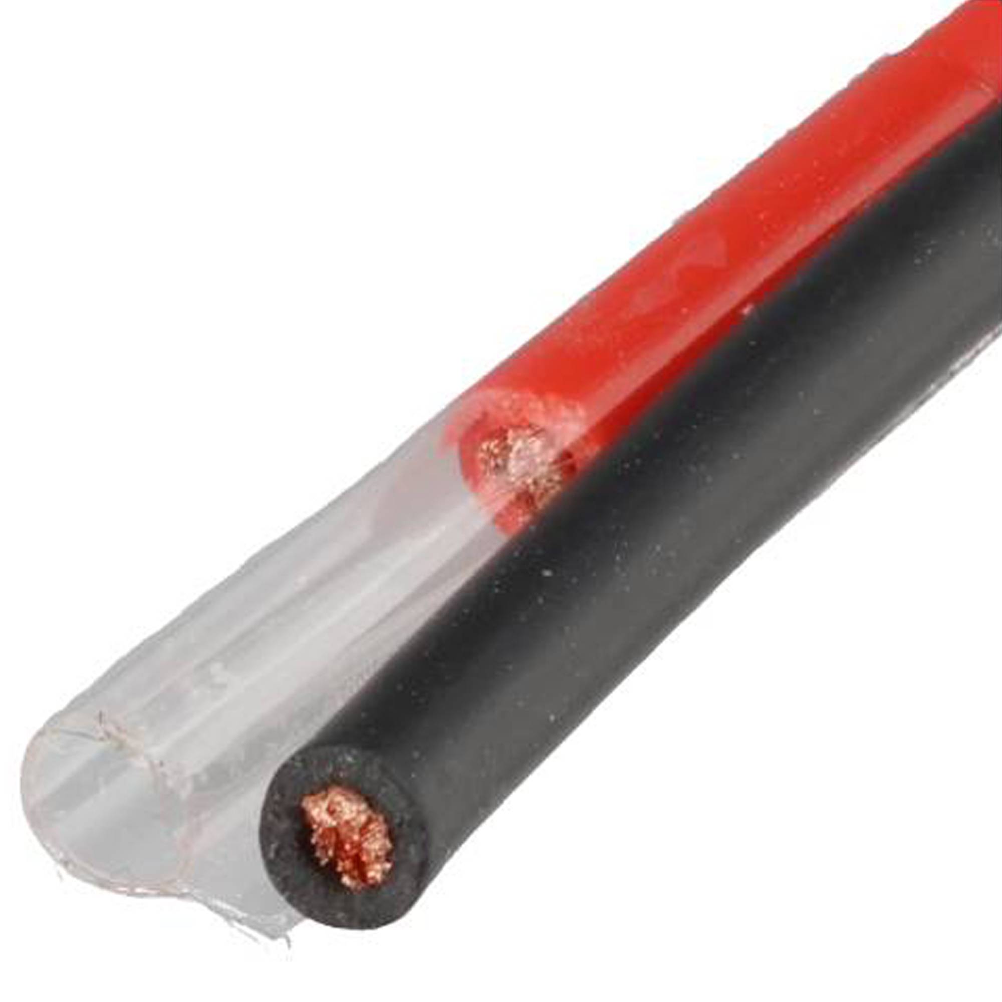 Nahaufnahme eines rot und schwarz isolierten Elektrokabels mit freigelegten Kupferdrahtenden.