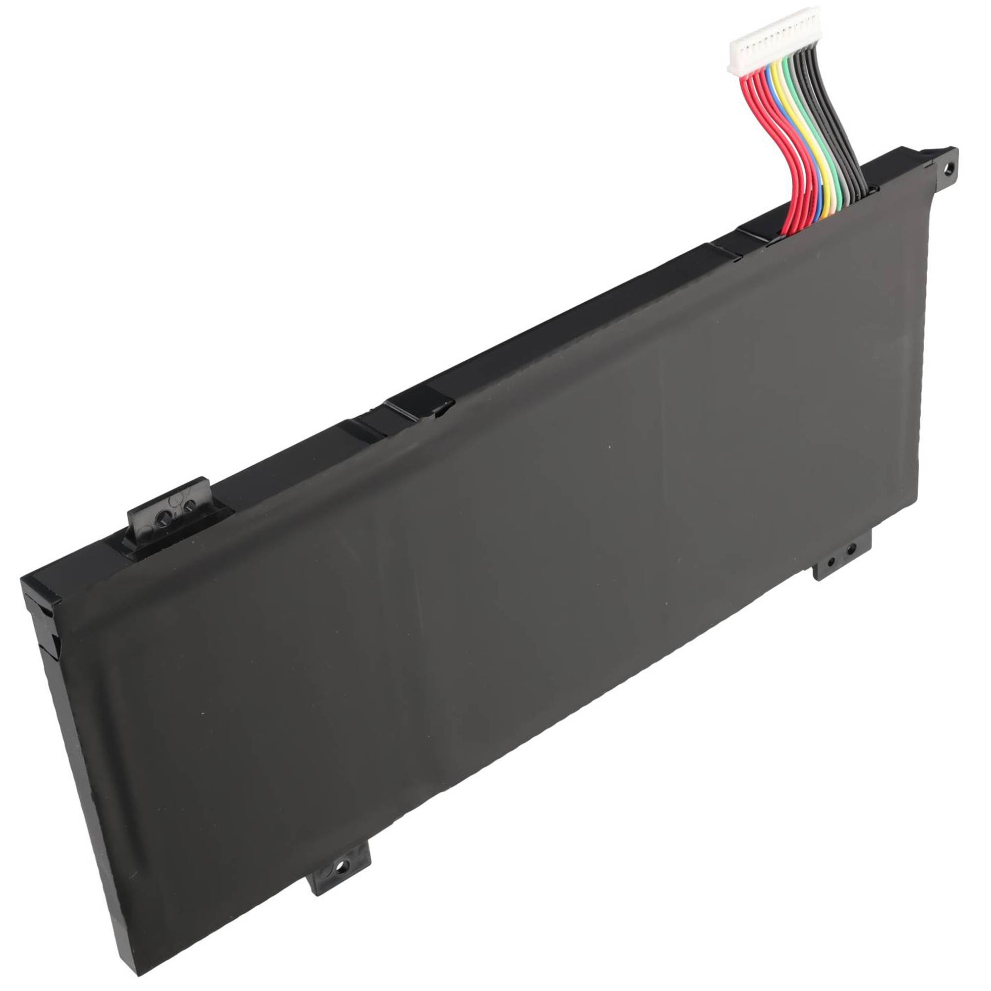 Schwarzes rechteckiges Batteriepaket mit mehrfarbigem Flachbandkabel und Stecker, gezeigt auf weißem Hintergrund.