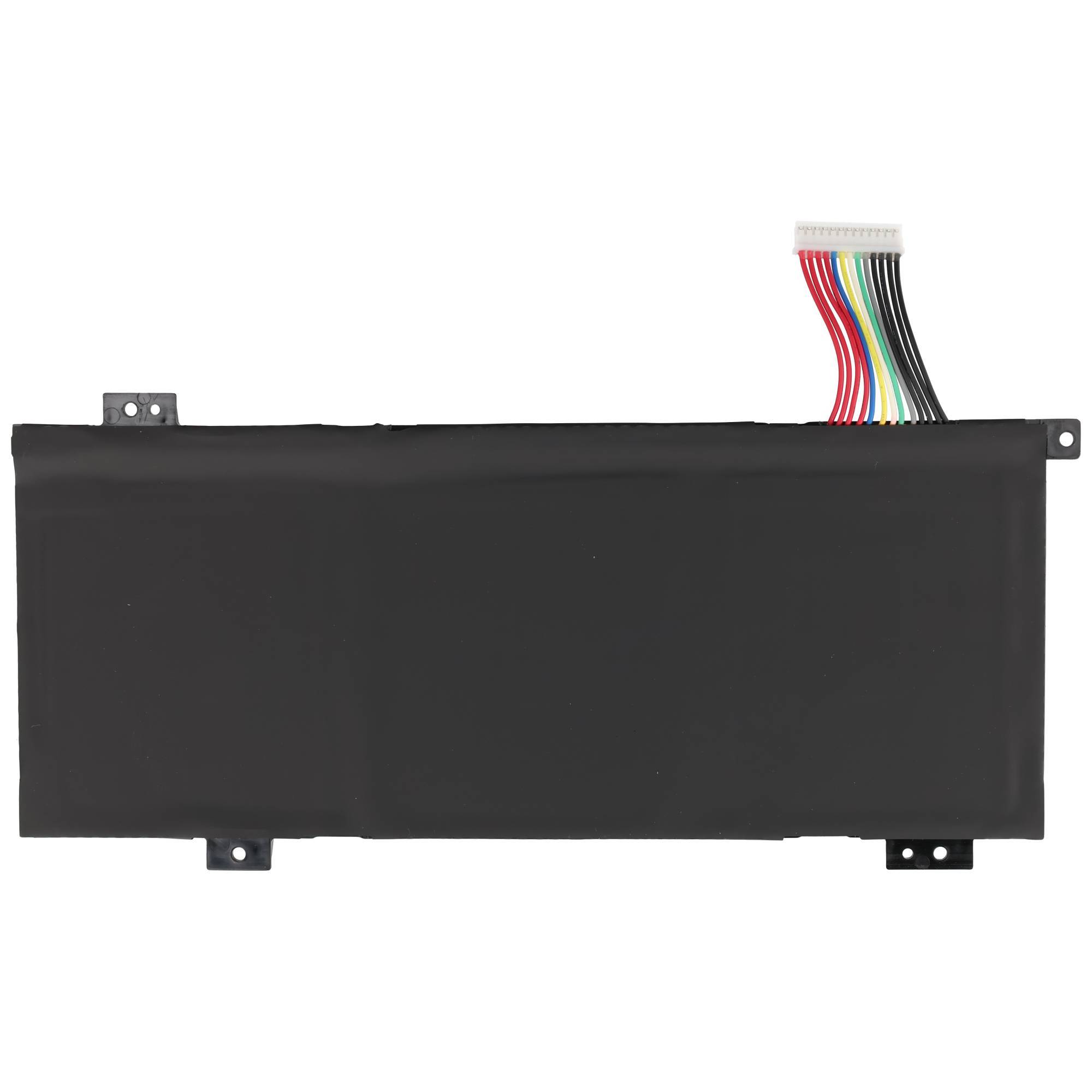 Schwarzes rechteckiges Batteriepaket mit mehrfarbigem Steckverbinder und Montagelaschen auf weißem Hintergrund.