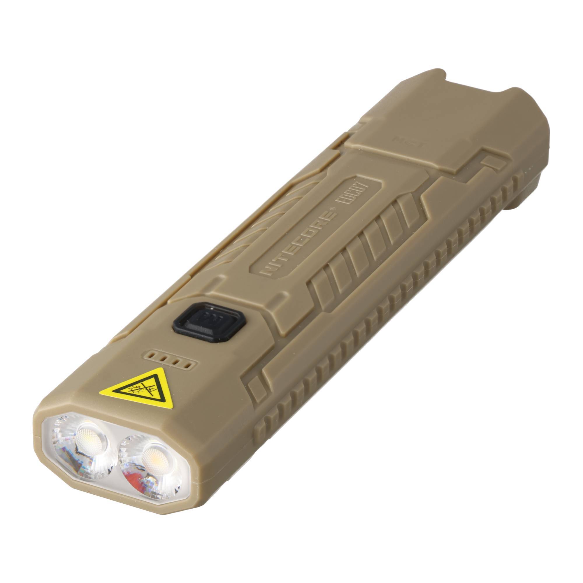 Taktische beige Handlampe mit zwei vorderen LEDs und einem Warnschild, isoliert auf weißem Hintergrund dargestellt.
