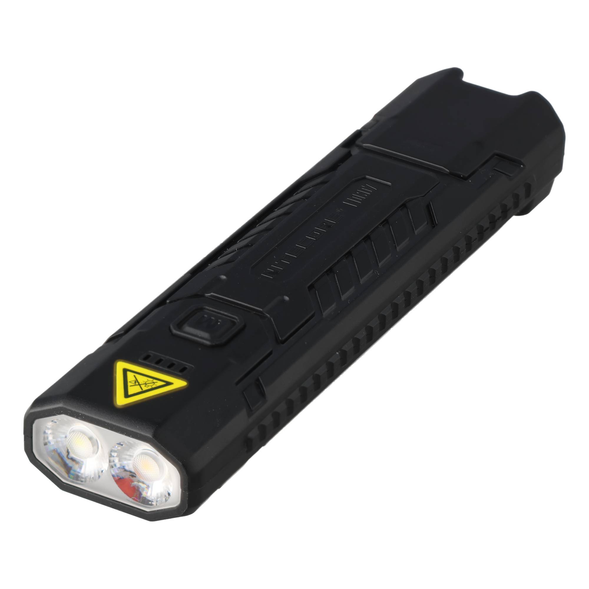 Schwarze tragbare Taschenlampe mit zwei vorderen LEDs und einem gelben Warnschild, abgebildet auf weißem Hintergrund.