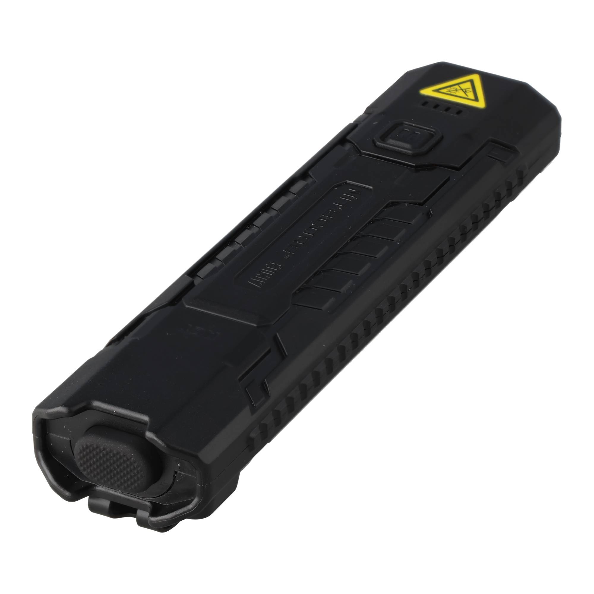 Schwarzer tragbarer taser-ähnlicher Elektroschocker mit gelbem Warnsymbol, dargestellt auf weißem Hintergrund.