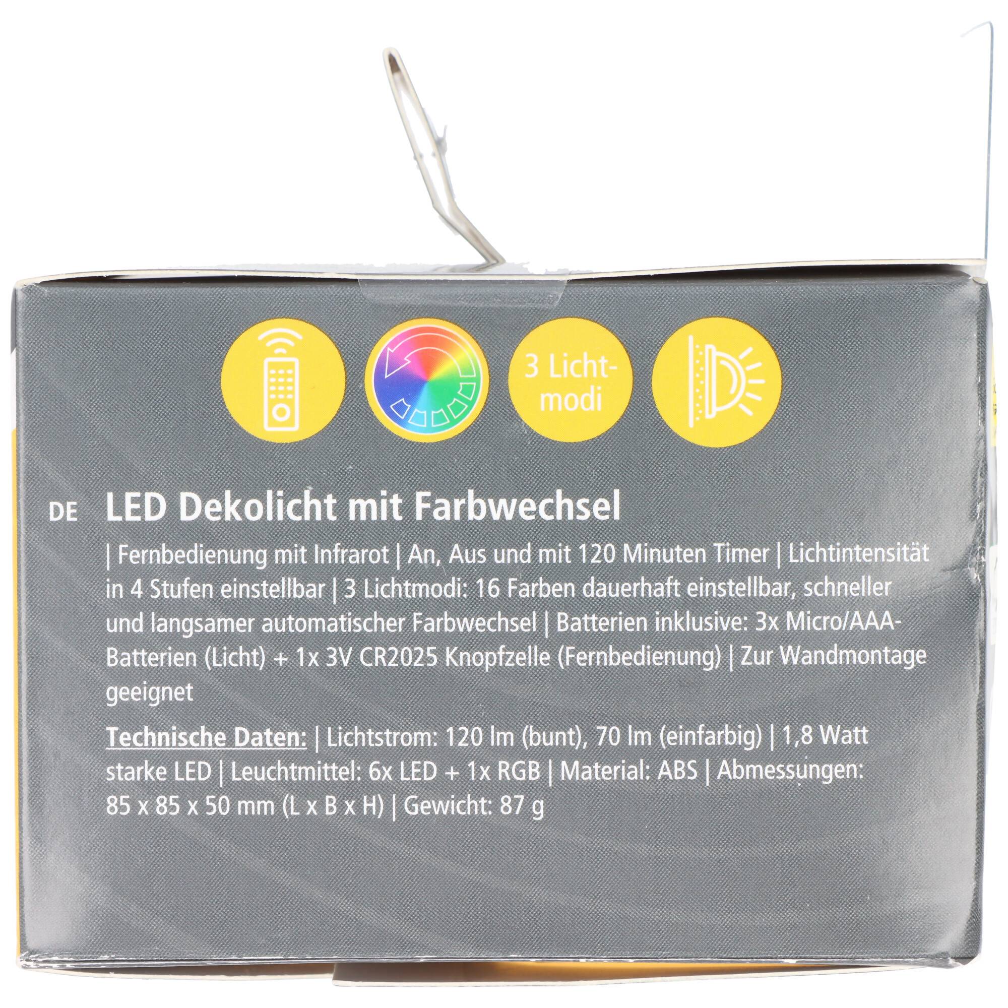 Verpackung für ein 'LED Dekolicht mit Farbwechsel' mit Fernbedienung, 3 Lichtmodi, Timer, Dimmfunktion, batteriebetrieben; deutsche Produktdetails und Symbole werden angezeigt.
