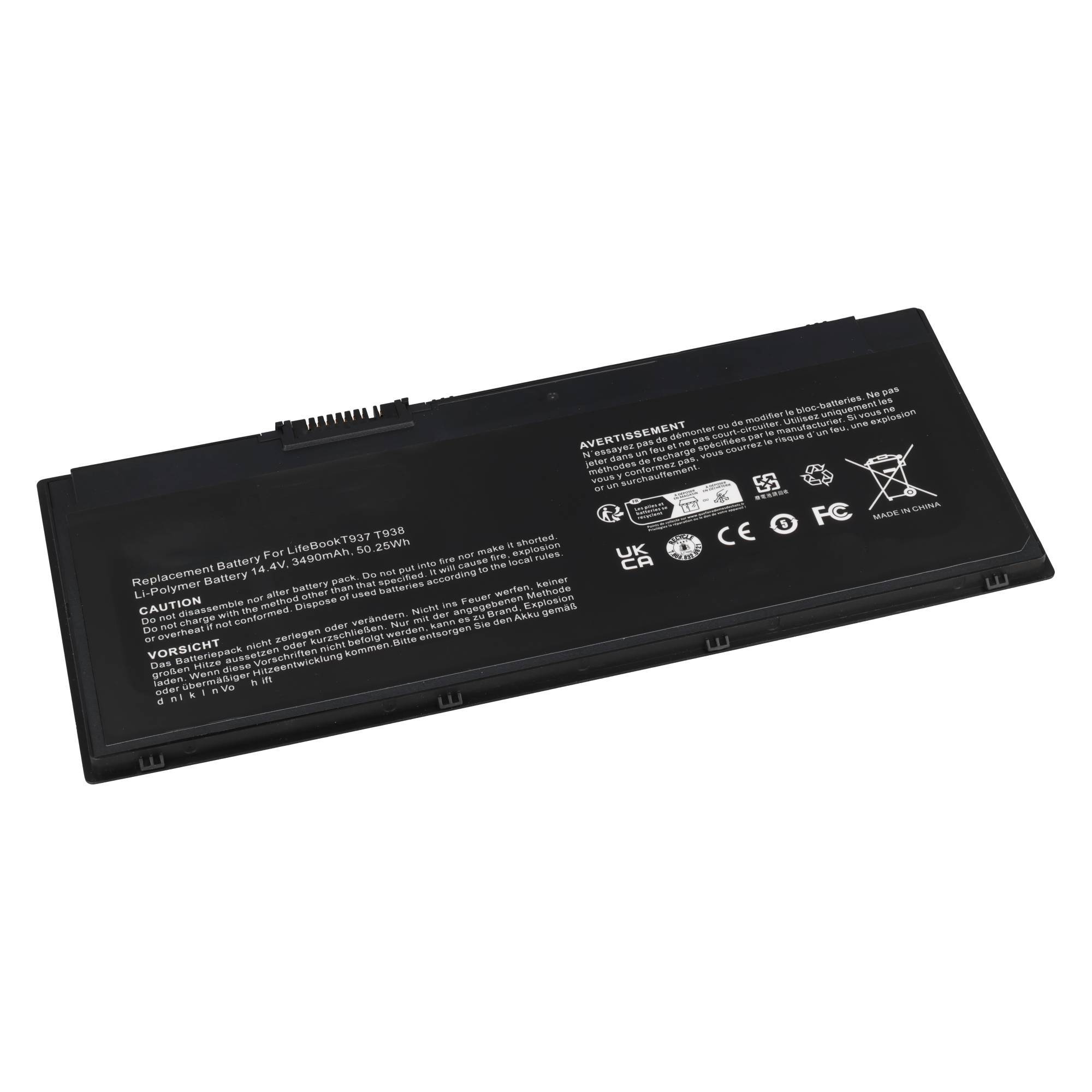 Schwarze rechteckige Laptop-Ersatzbatterie auf weißem Hintergrund, mit gedruckten Warnhinweisen und Zertifizierungssymbolen.
