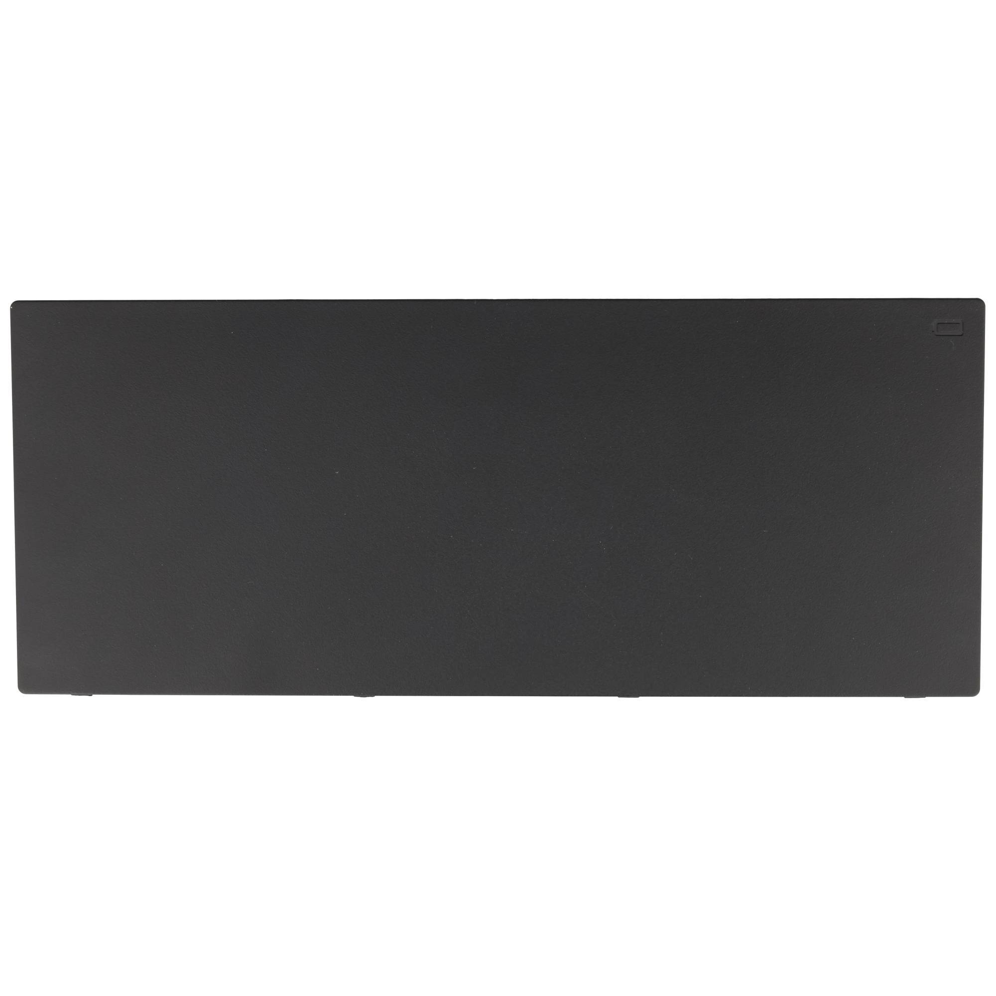 Schwarzes rechteckiges Laptop-Akku-Pack, das von vorne auf weißem Hintergrund gezeigt wird.