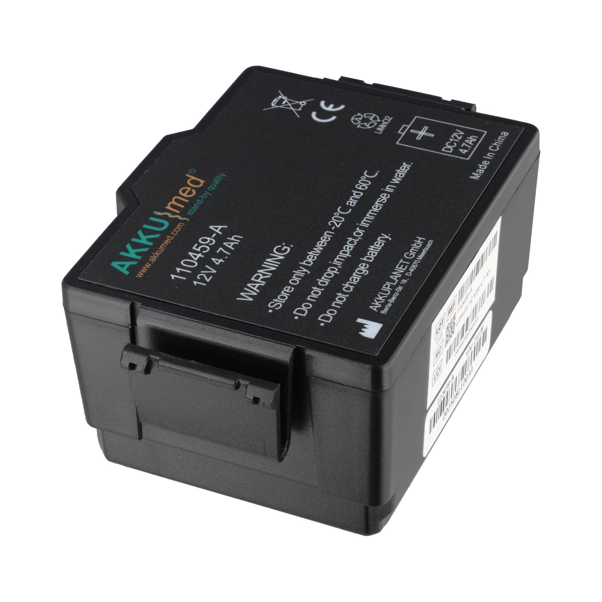 Schwarzer wiederaufladbarer Lithium-Ionen-Kameraakku mit der Bezeichnung „AKKUmed" und „12V 2,7Ah"", gezeigt auf weißem Hintergrund.