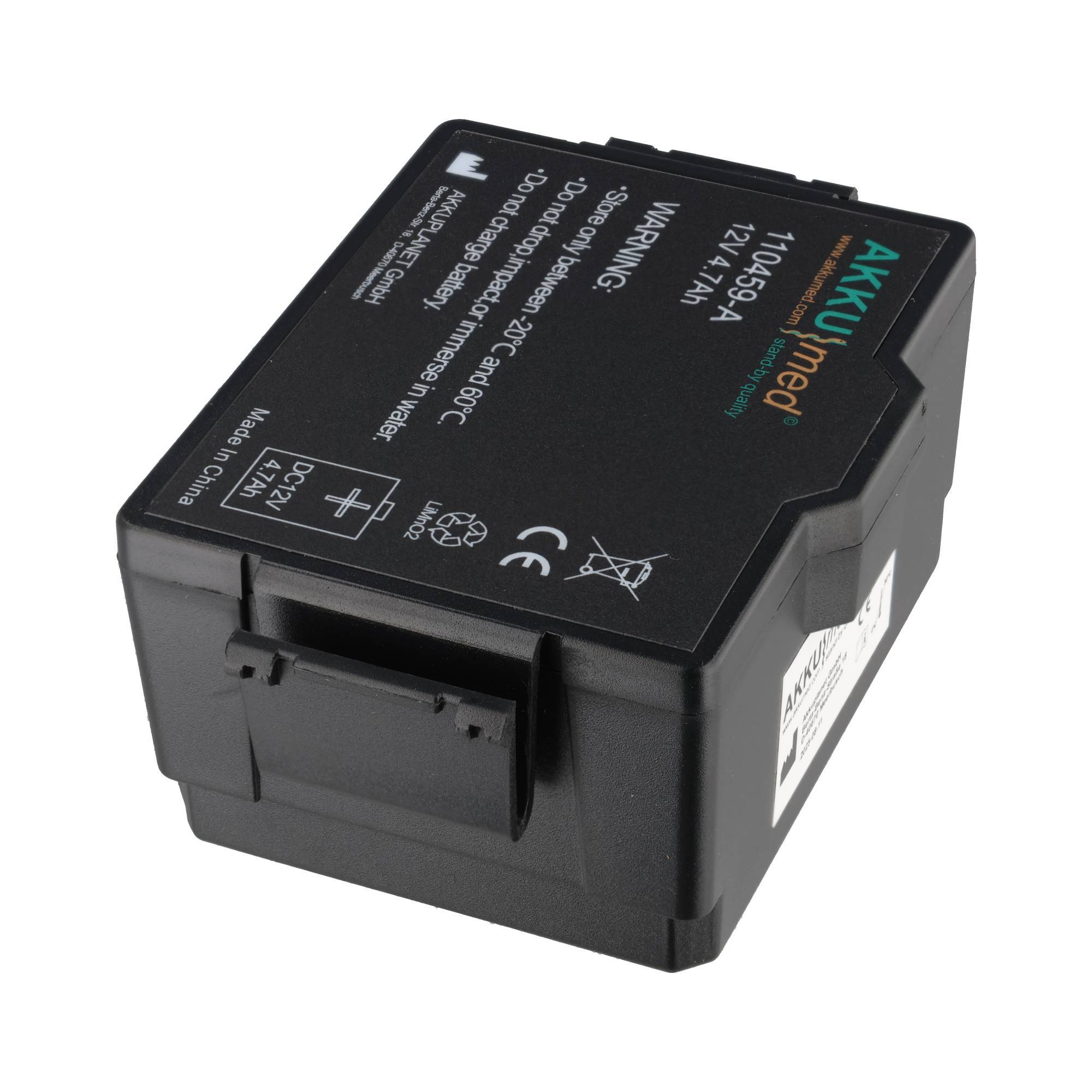 Schwarzer wiederaufladbarer Lithium-Ionen-Akkupack mit Aufschrift „AKKU inner", 11065-A, 12V 7,4Ah, mit Warn- und Zertifizierungssymbolen