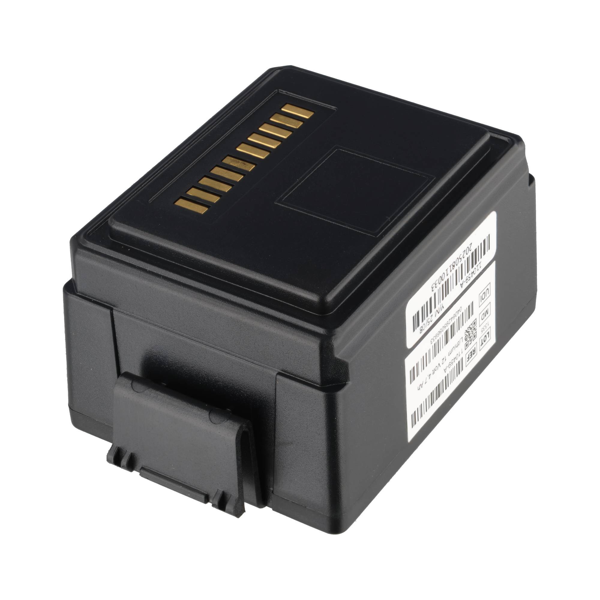 Schwarzes wiederaufladbares Batterieelement mit goldenen Kontaktklemmen und einem Seitenetikett, dargestellt auf weißem Hintergrund.