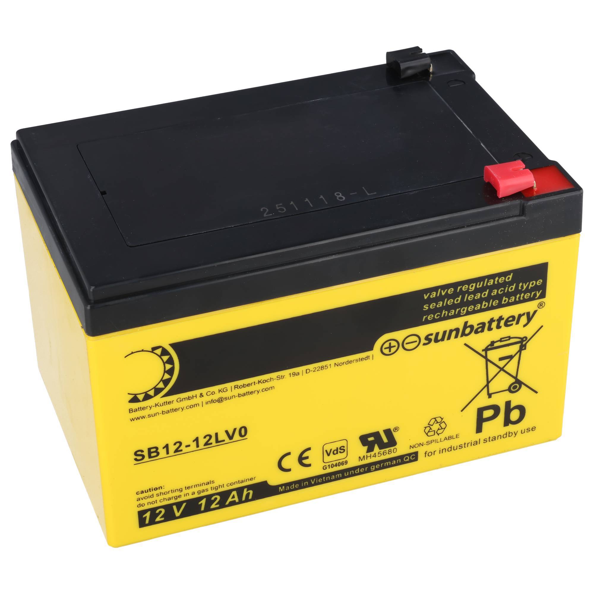 Gelbe 12V 12Ah versiegelte wiederaufladbare Blei-Säure-Batterie mit schwarzem Deckel und rot/schwarzen Anschlüssen, mit der Bezeichnung Sunbattery.