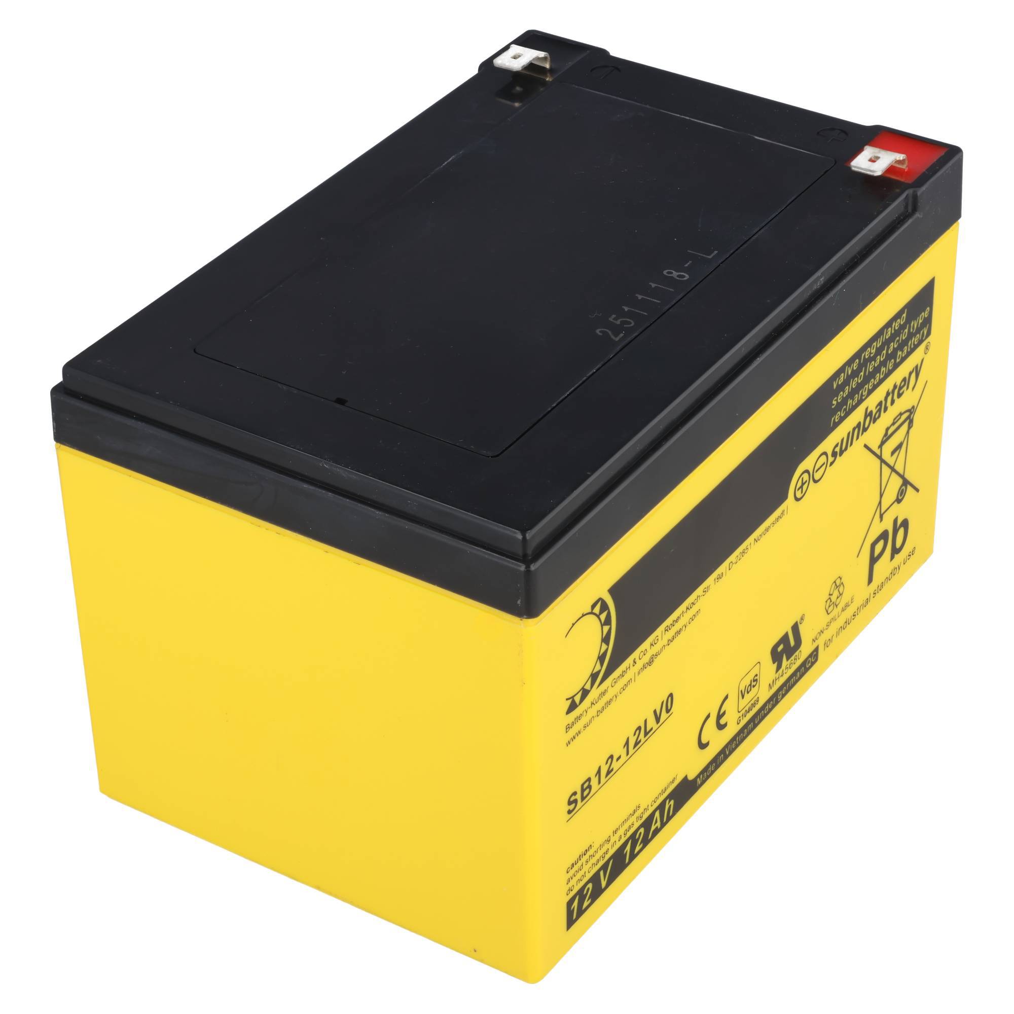 Gelb-schwarze versiegelte Bleisäurebatterie mit Oberflächenanschlüssen, gezeigt auf weißem Hintergrund.