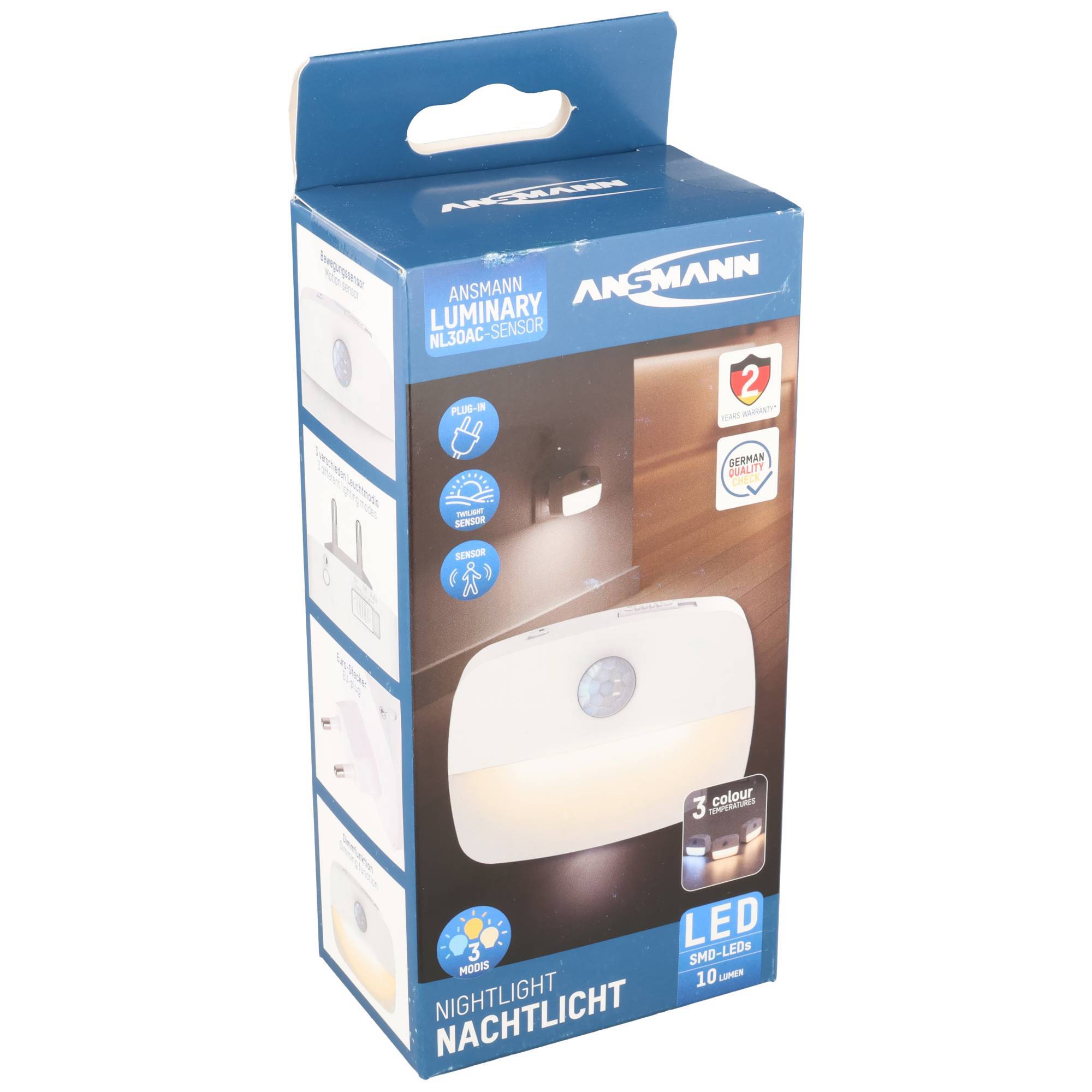 Verpackungsbox für ein ANSMANN Bewegungsmelder-LED-Nachtlicht mit weißem Licht, 3 Farbmodi und 10 Lumen.