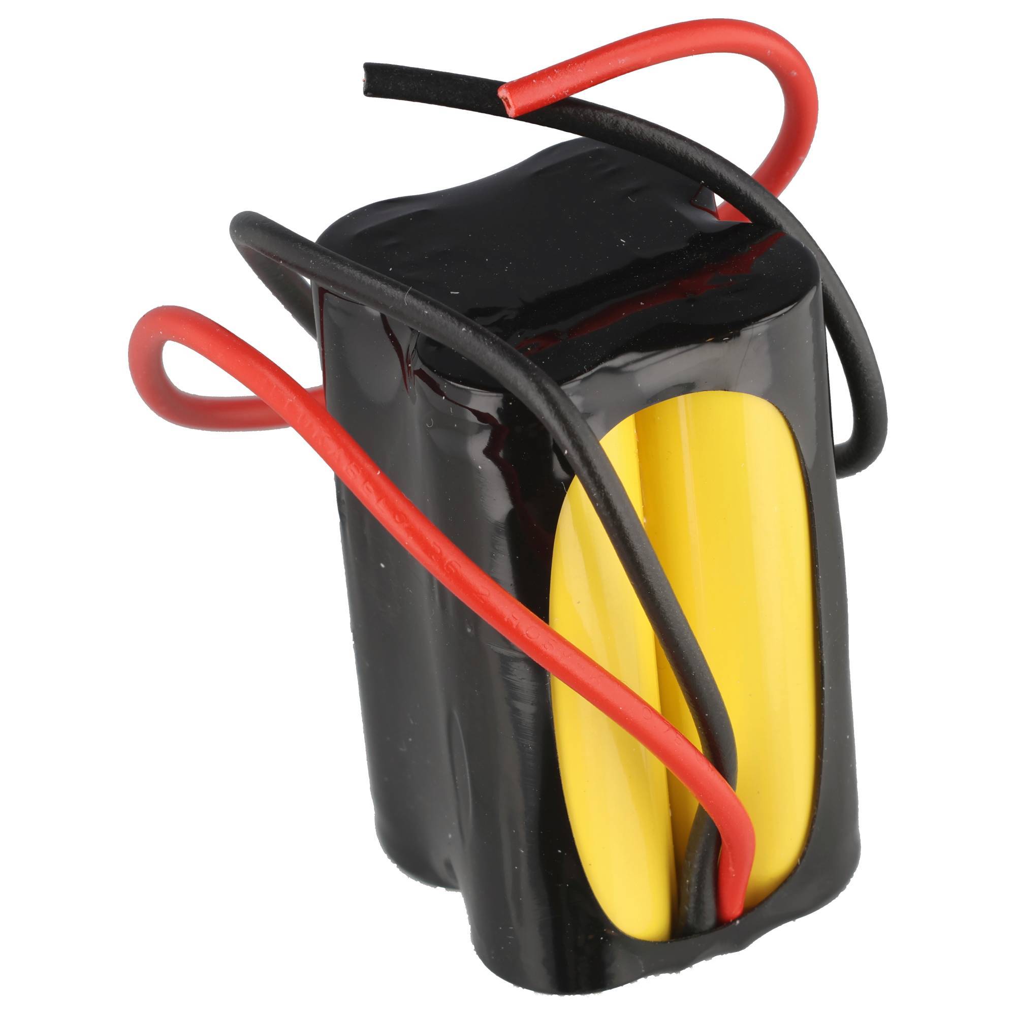 Kleine schwarze und gelbe elektrische Komponente mit rot und schwarz umwickelten Drähten auf weißem Hintergrund.