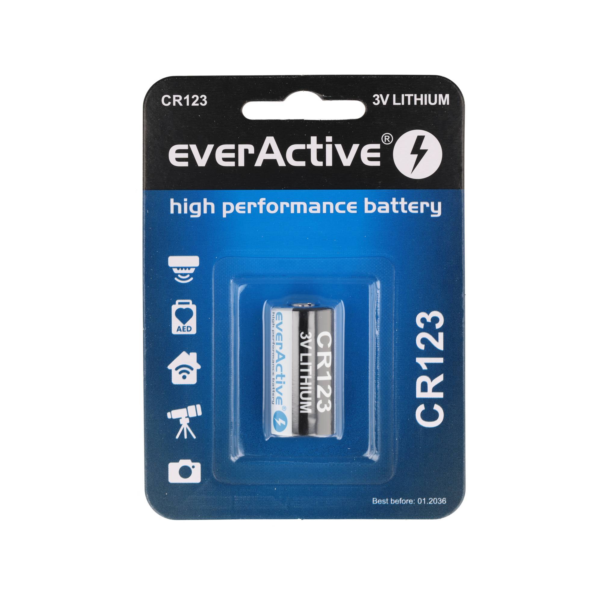 Verpackte everActive CR123 3V Lithium-Hochleistungsbatterie in blauer Blisterverpackung, mit einer sichtbaren Batterie.