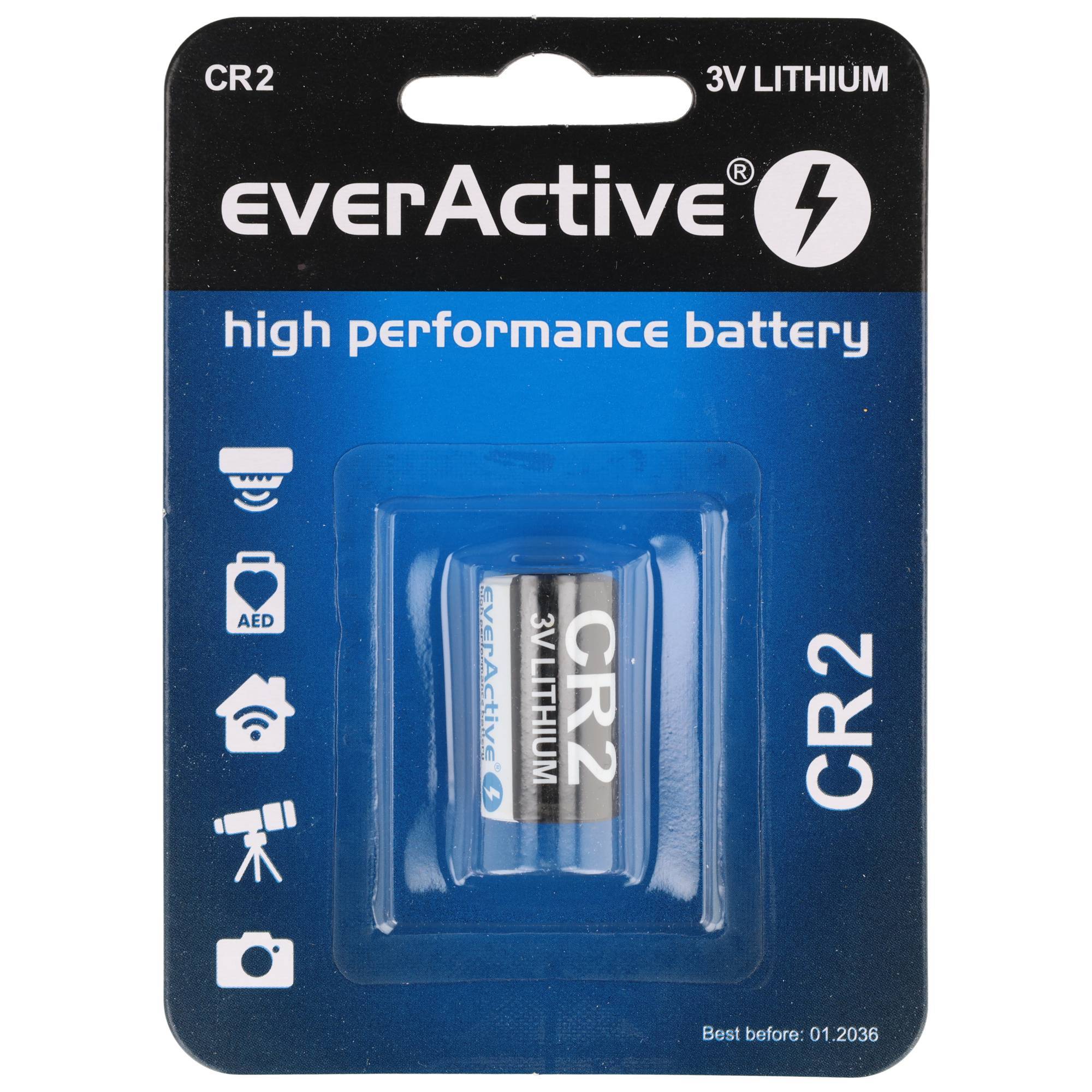 everActive CR2 3V Lithium-Hochleistungsbatterie in Einzelhandelsblisterverpacking mit Gerätenutzsymbolen und Text „Mindestens haltbar bis: 01.2036