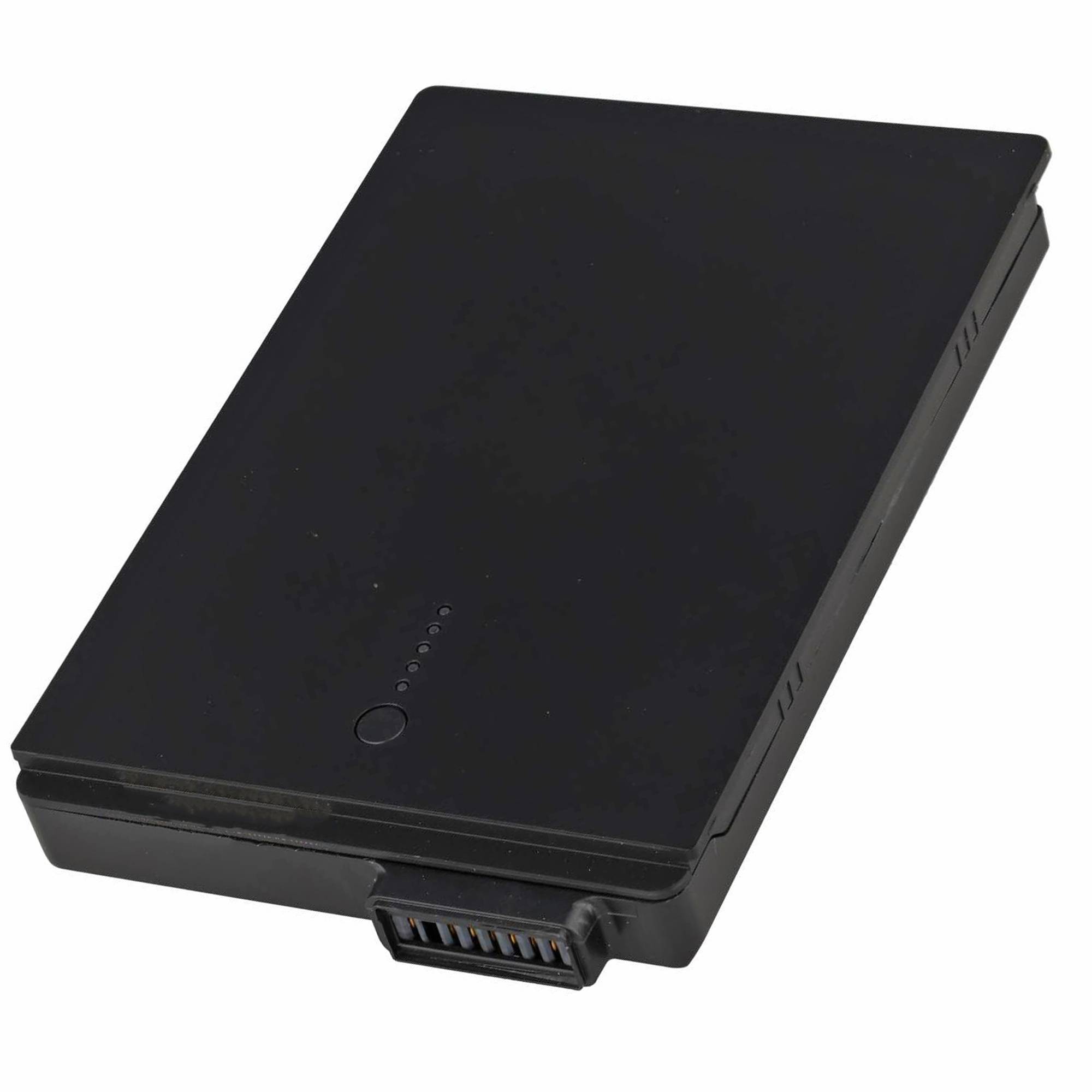 Schwarzes wiederaufladbares Batteriepaket mit Anschlussport und kleinen Statusanzeigelichtern.