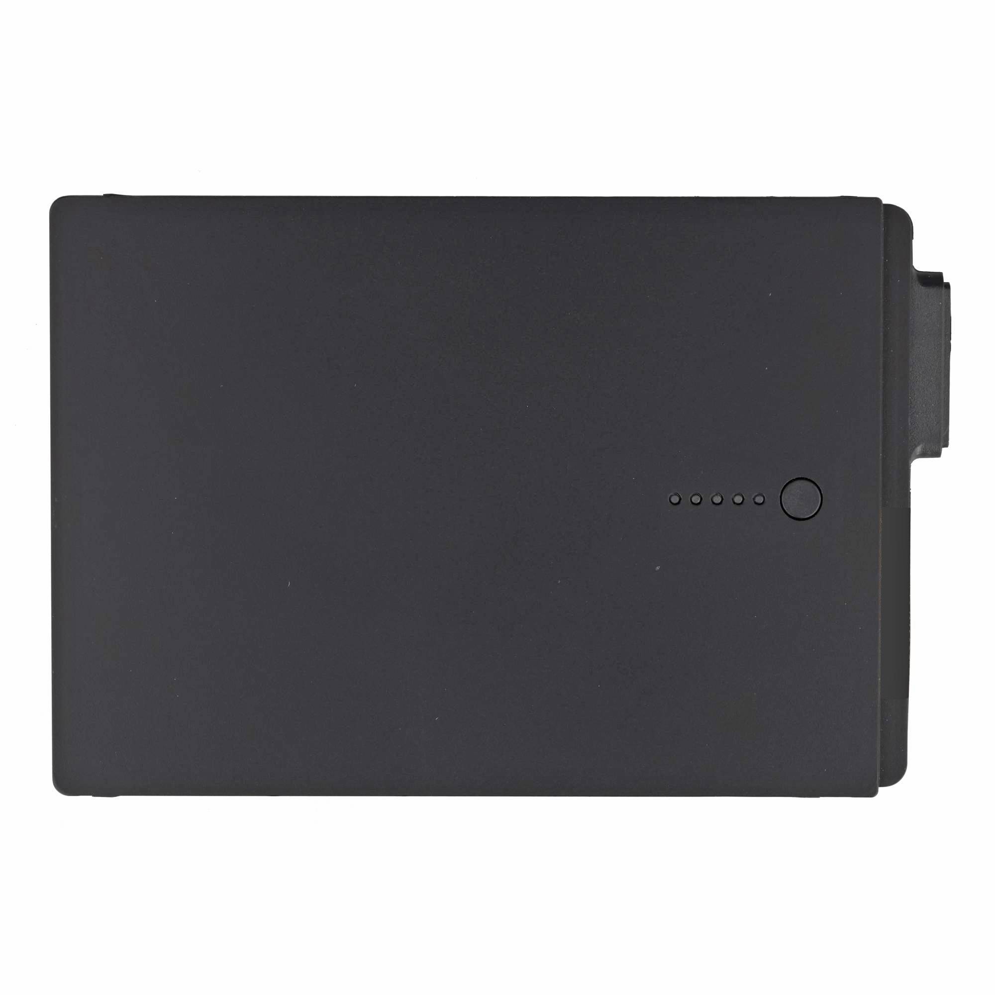 Schwarzes rechteckiges Batteriepack mit fünf kleinen Anzeigelichtern und einer seitlichen Lasche auf weißem Hintergrund.