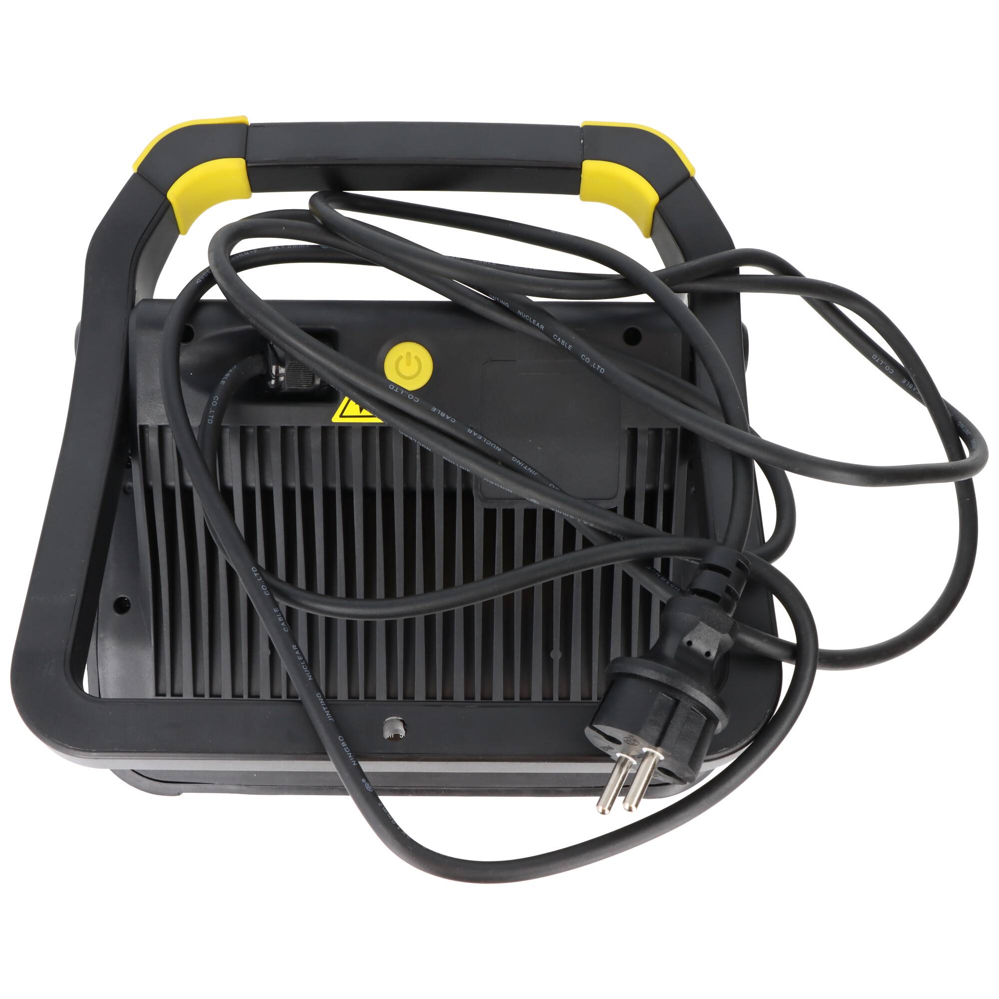 Tragbare elektrische Arbeitsleuchte mit schwarzem Rahmen und gelbem Griff, dargestellt mit aufgerolltem Stromkabel und Stecker auf weißem Hintergrund.