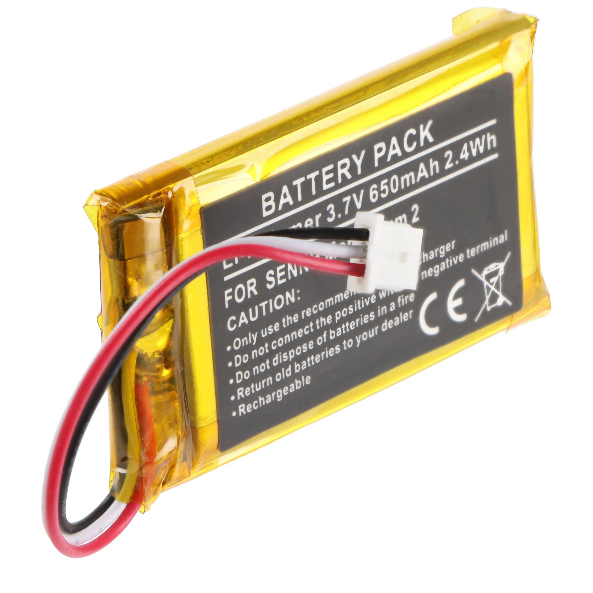 Kleines wiederaufladbares Lithium-Akkupaket, das in gelben Film gewickelt ist, mit roten und schwarzen Drähten und einem weißen Stecker.