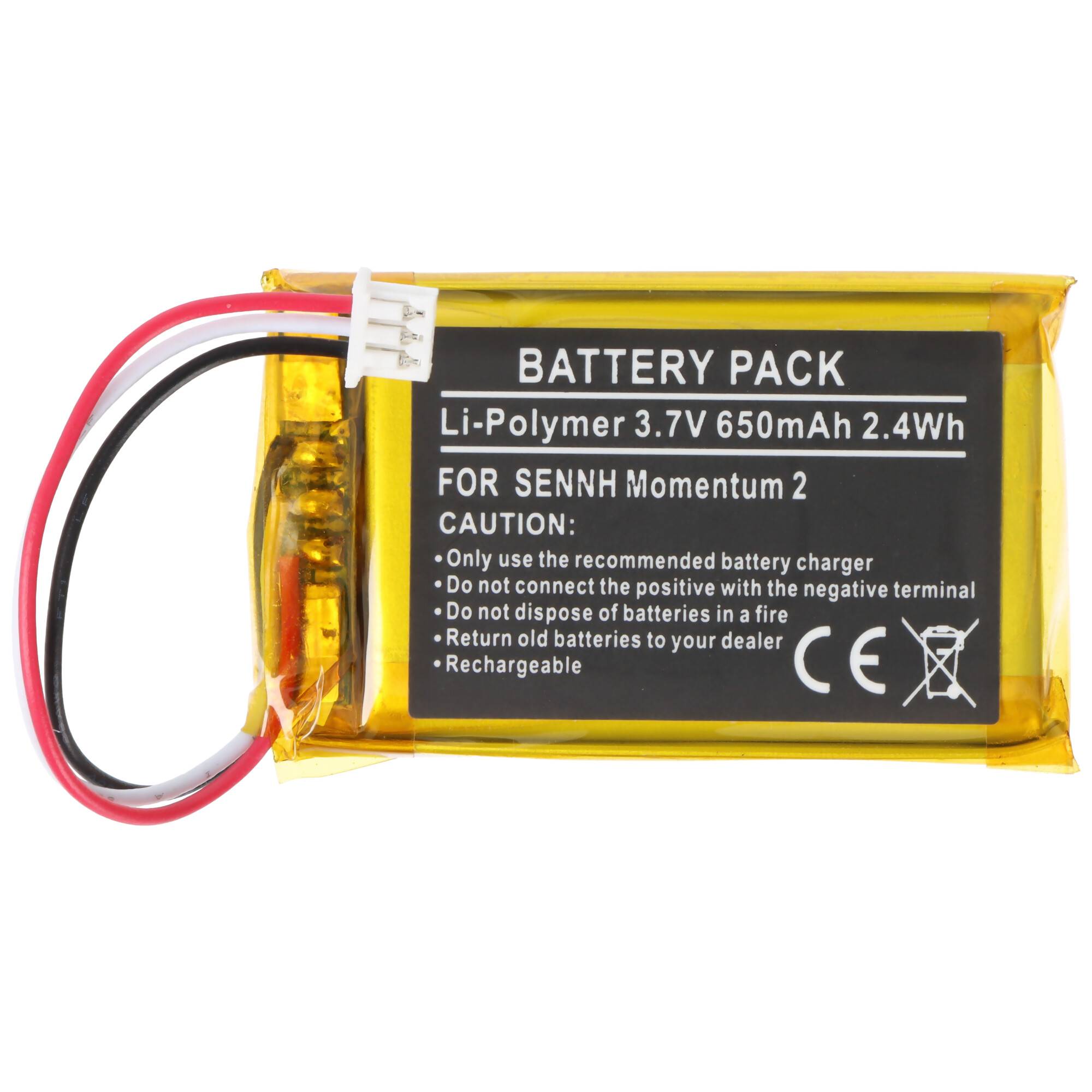 Li-Polymer-Akku für Sennheiser Momentum 2, gekennzeichnet mit 3,7 V, 650 mAh, 2,4 Wh, mit roten und schwarzen Leitungen und Anschluss.