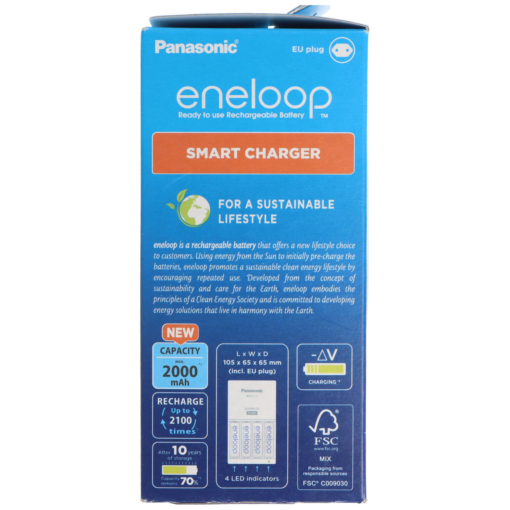 Panasonic eneloop intelligentes Ladegerät in einer Box für wiederaufladbare Batterien, gekennzeichnet mit „EU-Stecker