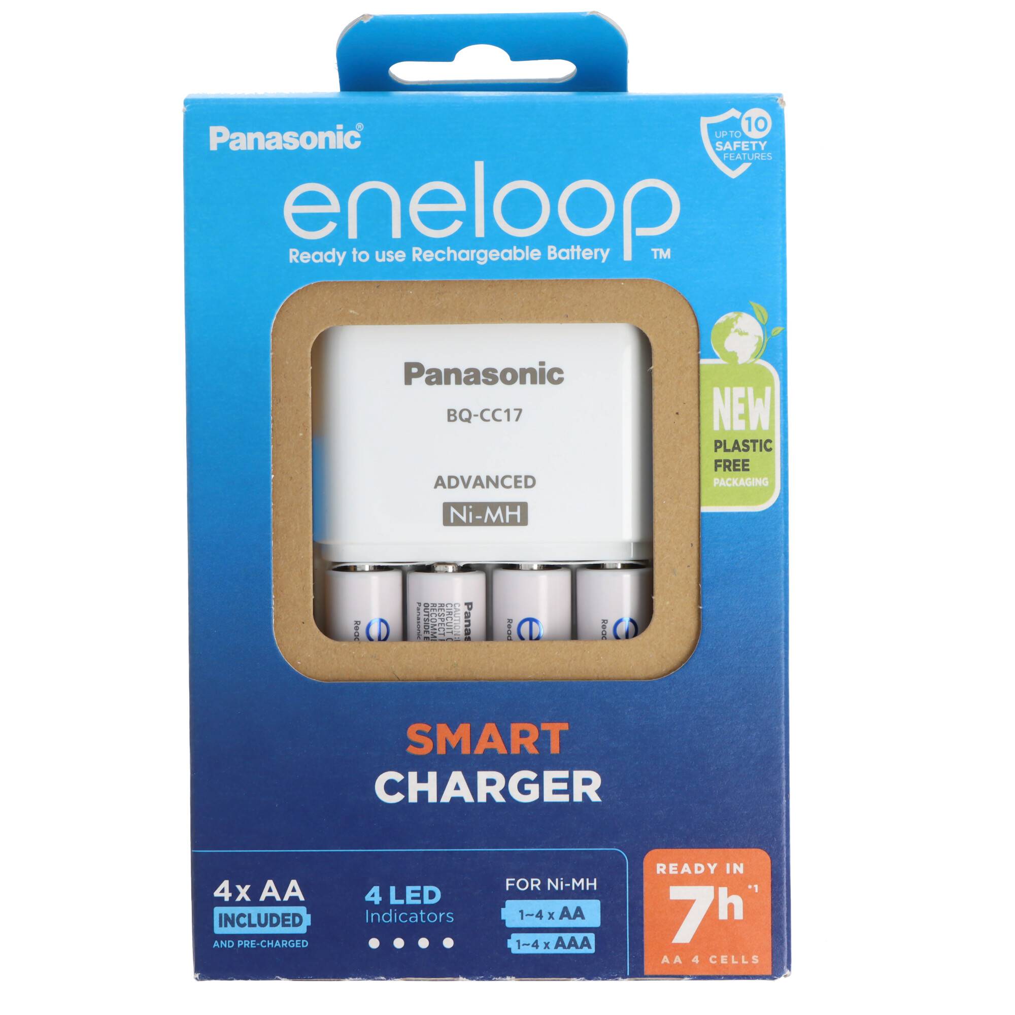 Panasonic eneloop Smart Charger Paket für Ni-MH-Batterien, zeigt Ladegerät und vier AA-Batterien, mit 