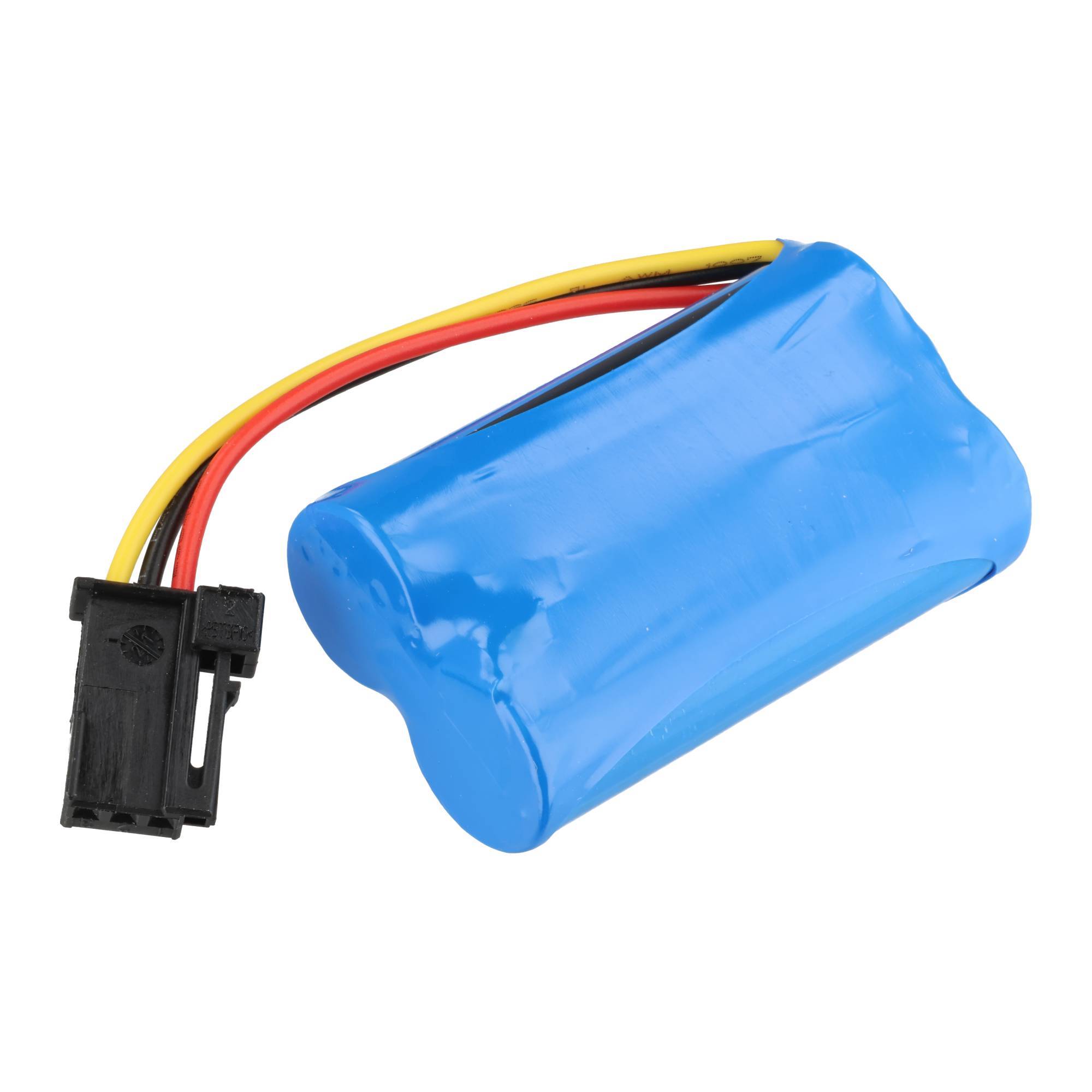 Blauer wiederaufladbarer Batteriepack mit angebrachten roten, gelben und schwarzen Drähten und schwarzem Stecker