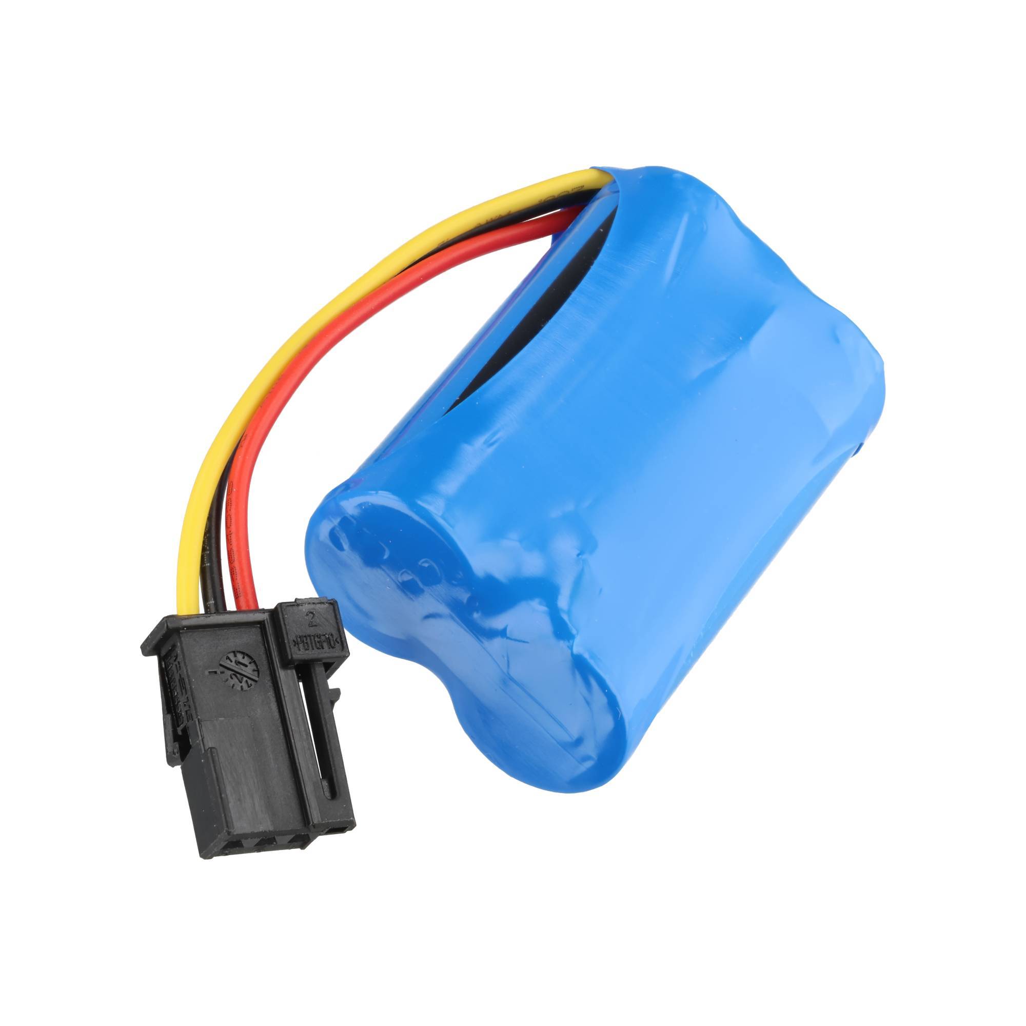 Blaues schrumpffolieverpacktes Batteriepaket mit angebrachtem schwarzem Stecker und roten, gelben und schwarzen Drähten auf weißem Hintergrund.
