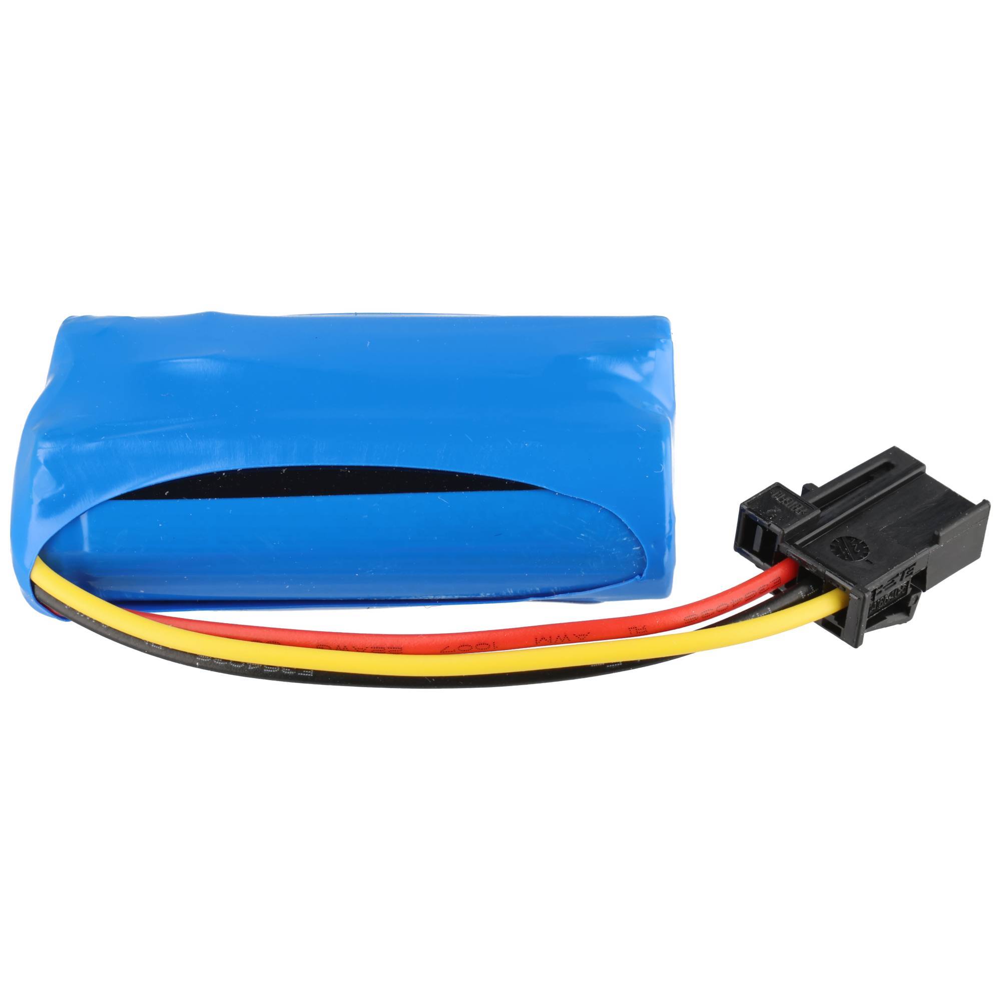 Blau verpacktes Batteriepaket mit roten, gelben und schwarzen Drähten, die in einen schwarzen Steckverbinder enden.