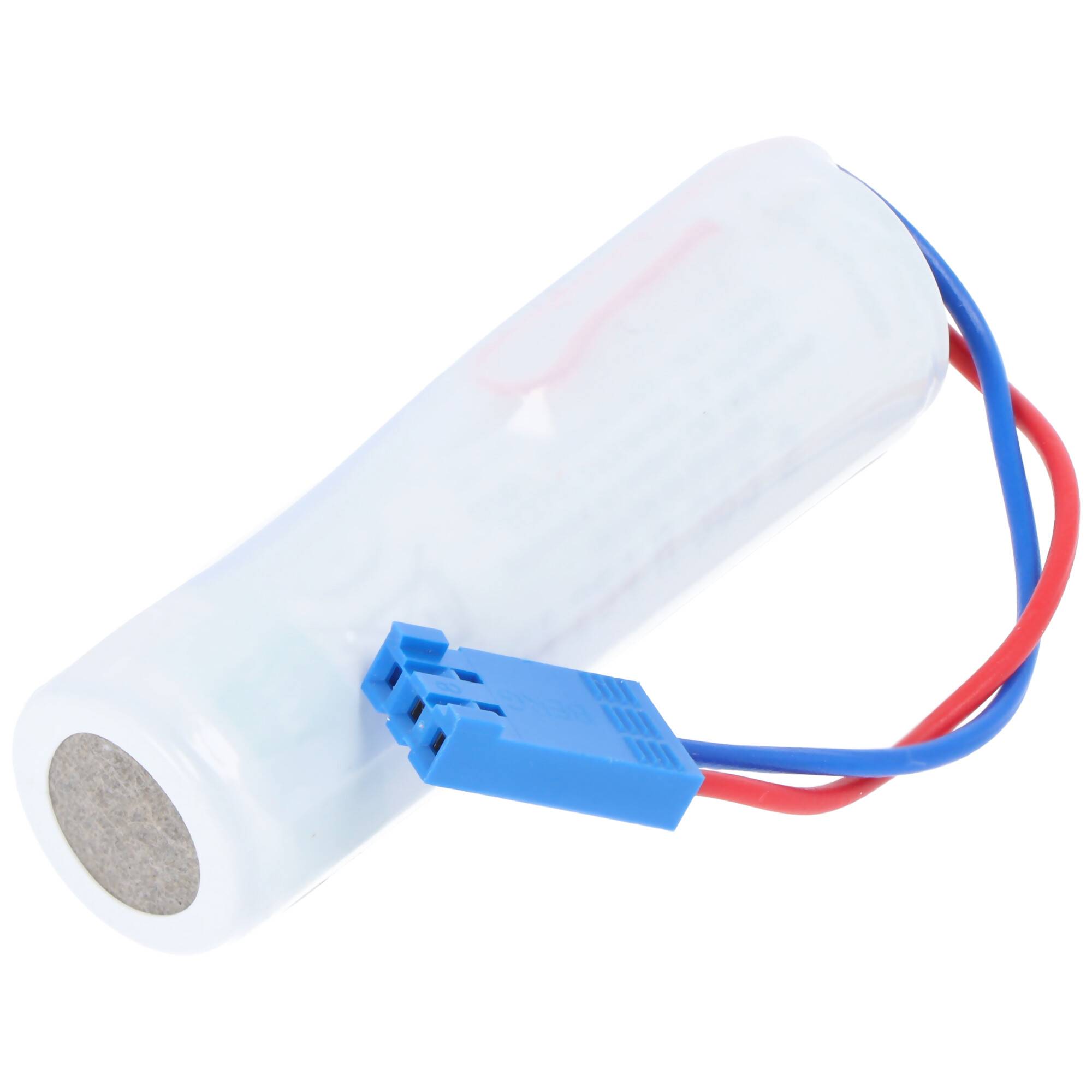 Weißer zylindrischer wiederaufladbarer Batteriepack mit roten und blauen Drähten, die mit einem blauen Anschluss auf weißem Hintergrund enden.