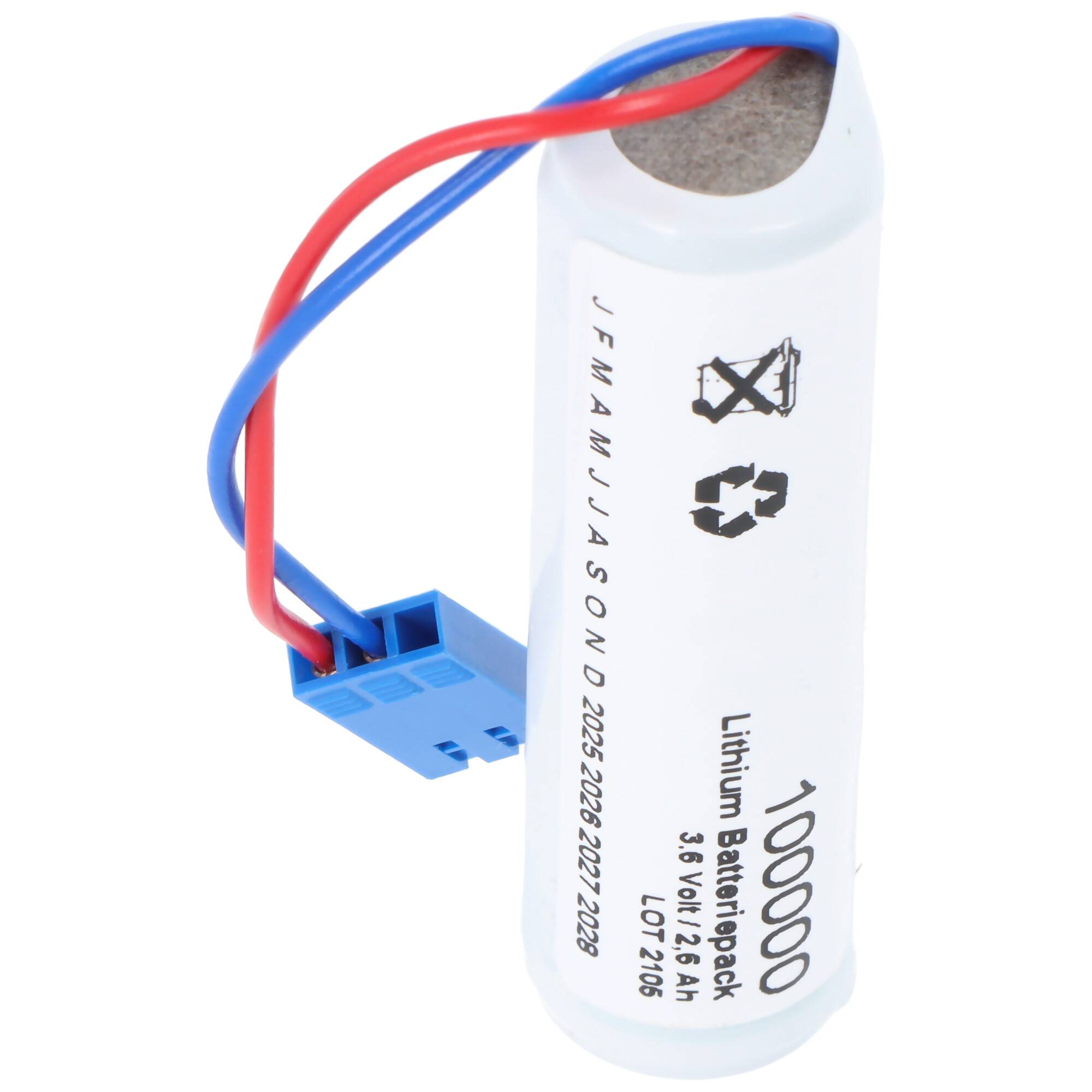 Weiße zylindrische Lithiumbatteriepacks mit roten und blauen Leitungen, die in einem blauen Stecker enden, beschriftet mit „100000