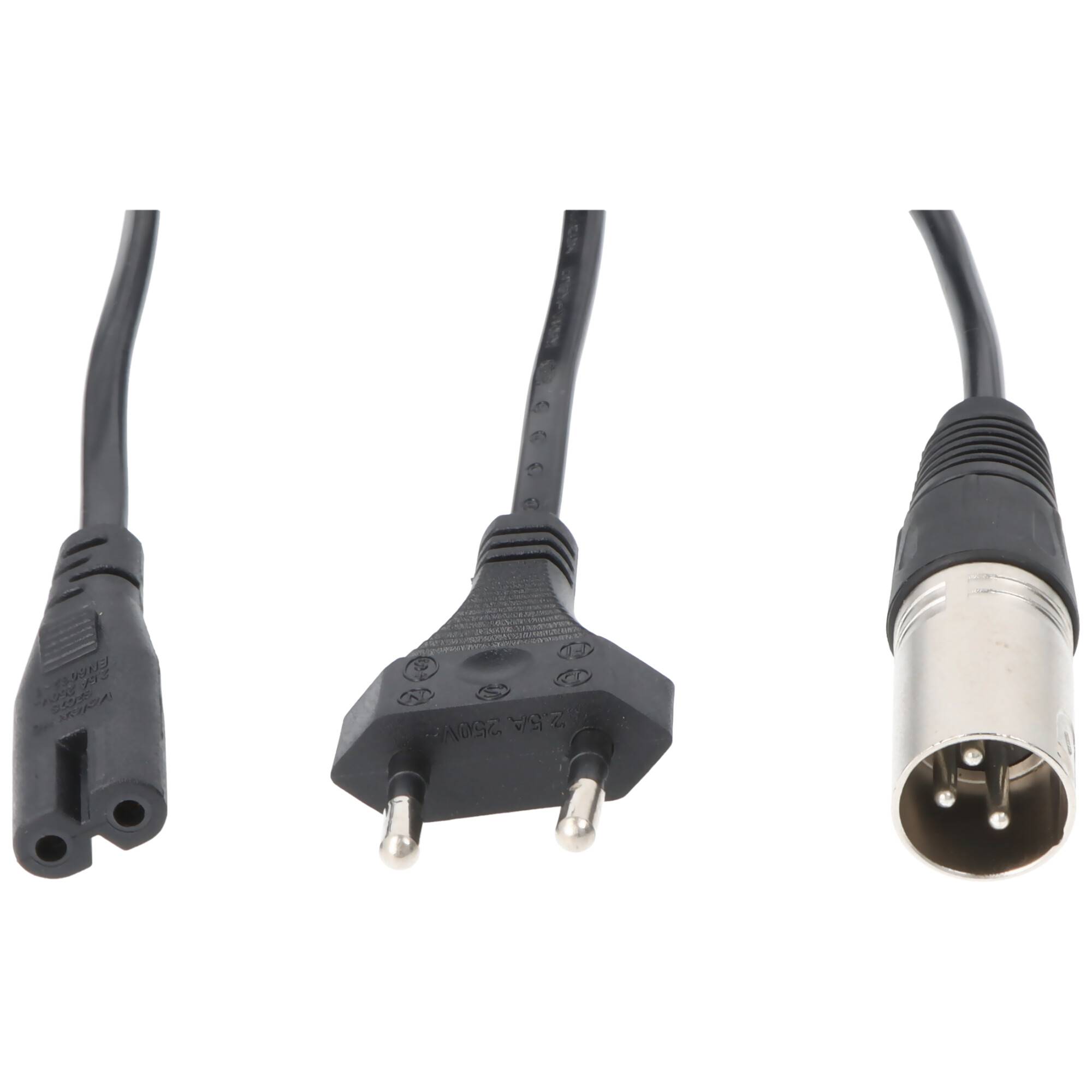 Drei Stecker für Stromkabel dargestellt: Zweipolstecker, Europlug und runder Metallsteckeranschluss.