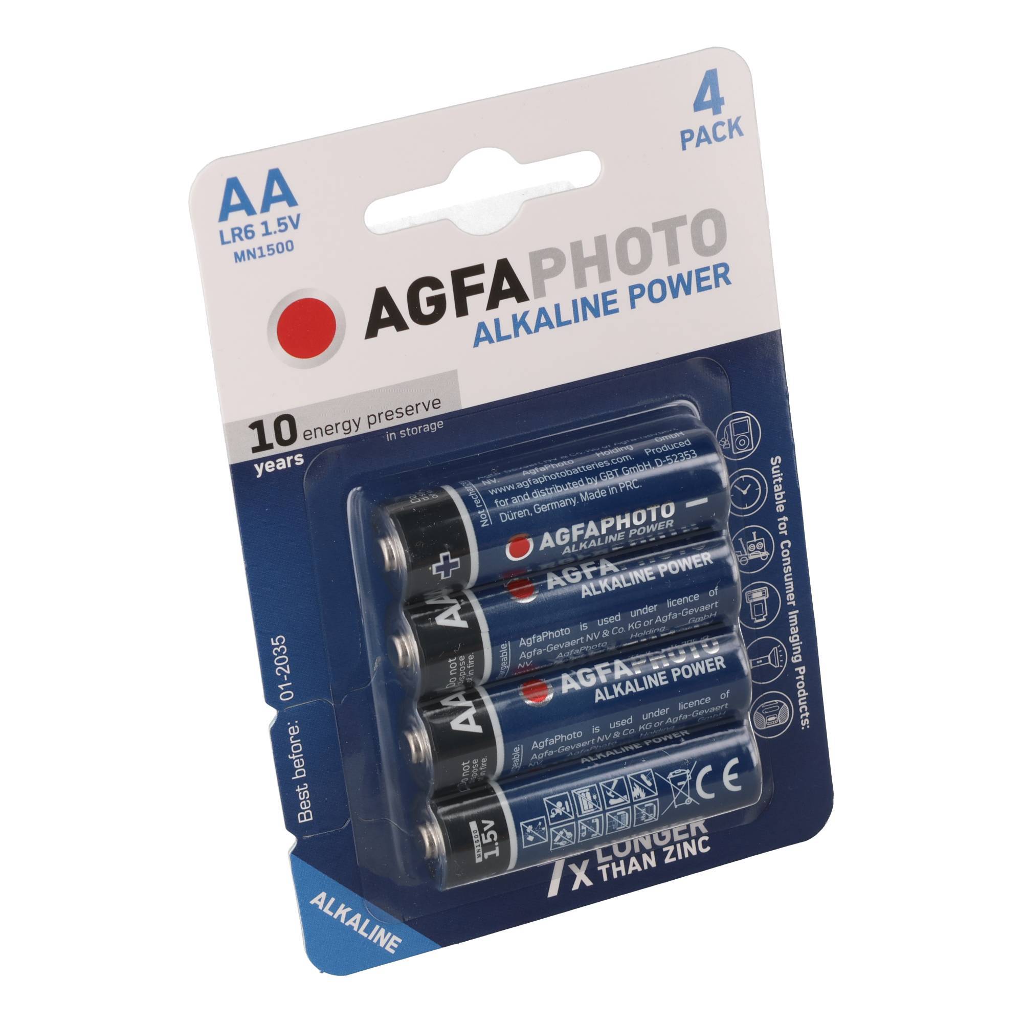 Blisterpackung mit 4 AA-AGFAPHOTO-Alkalibatterien, gekennzeichnet mit „4er-Pack