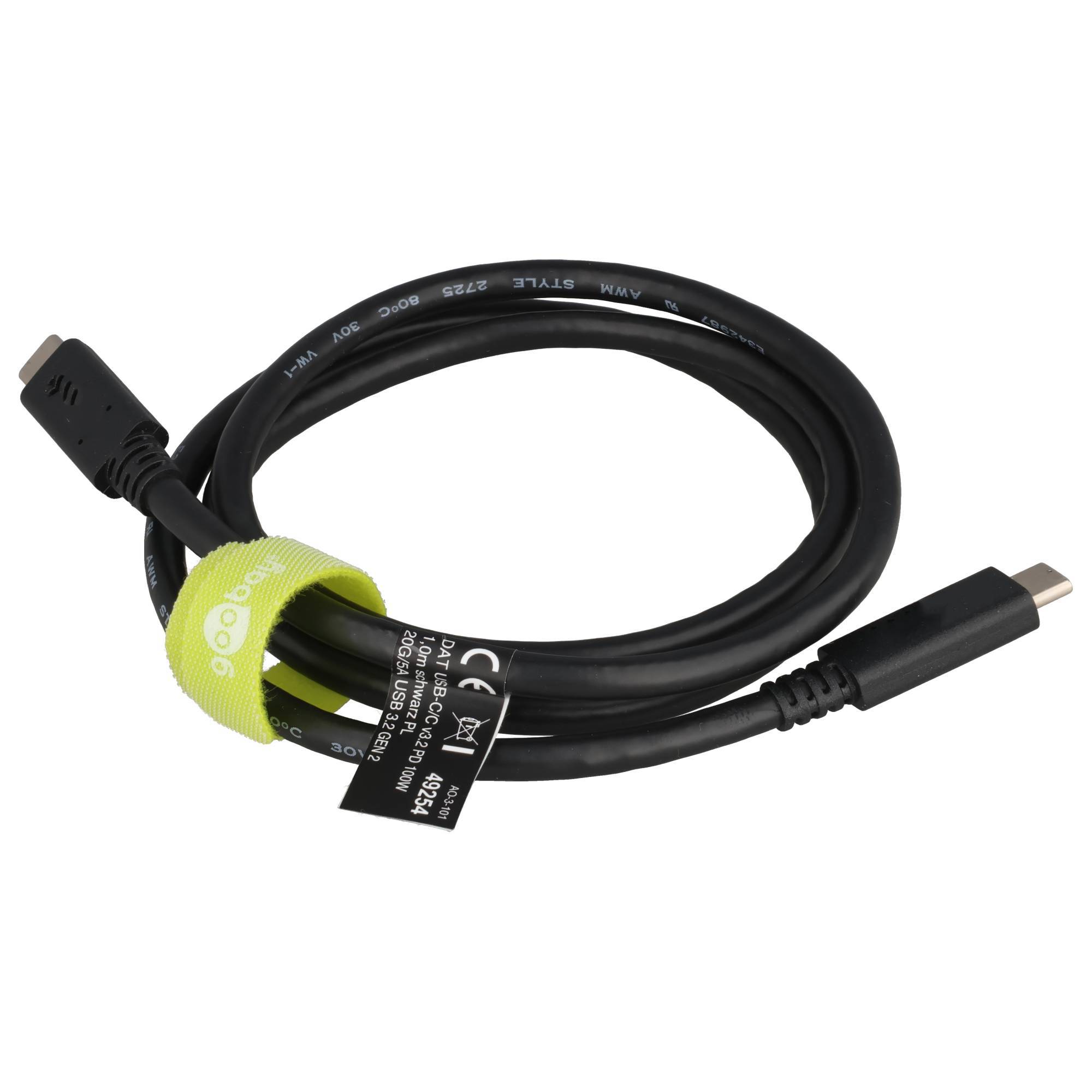 Aufgerolltes schwarzes USB-C-Kabel mit grünem Klettverschluss, auf weißem Hintergrund dargestellt.