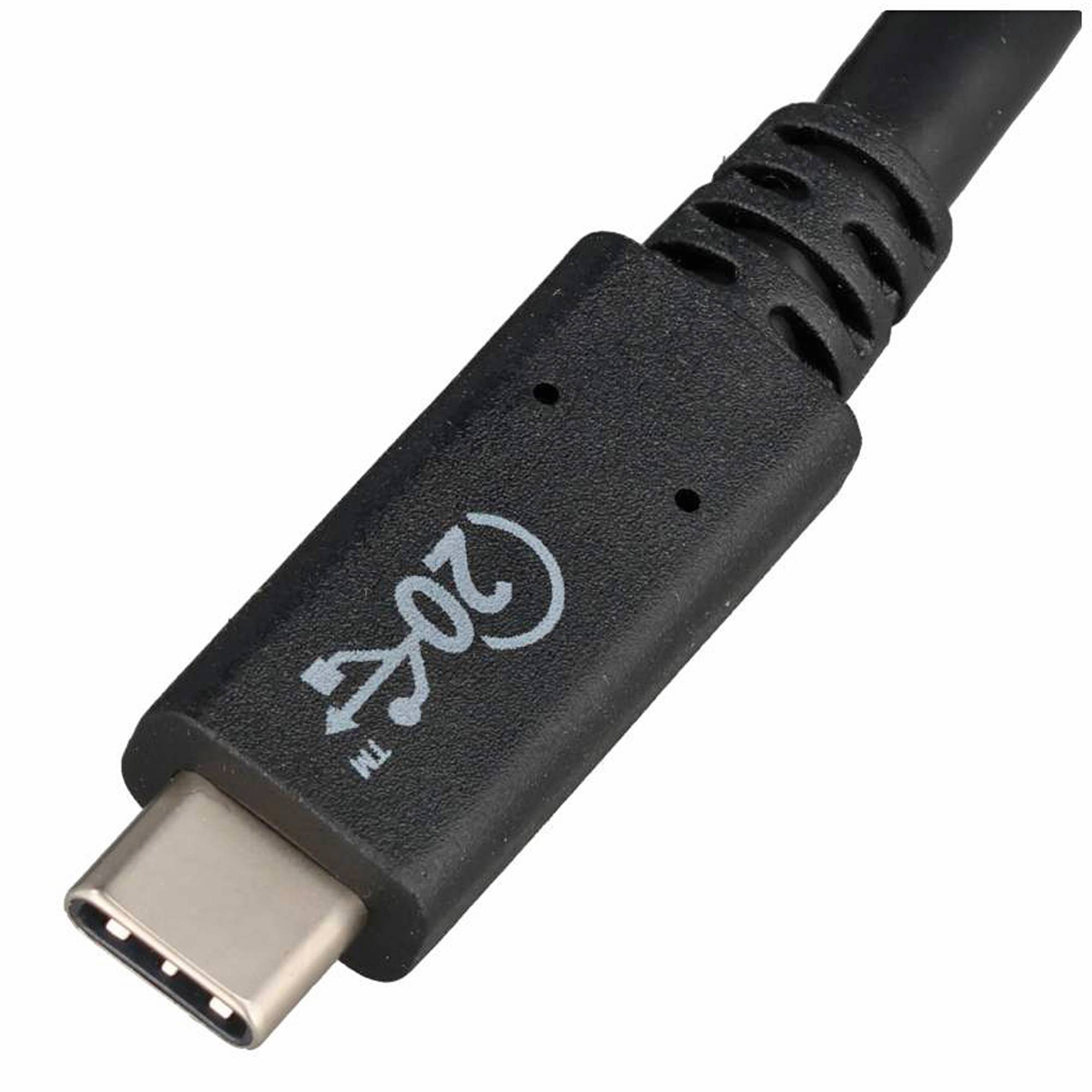 Nahaufnahme eines schwarzen USB-C-Kabelsteckers mit silberner Spitze und gedrucktem Logo auf weißem Hintergrund.