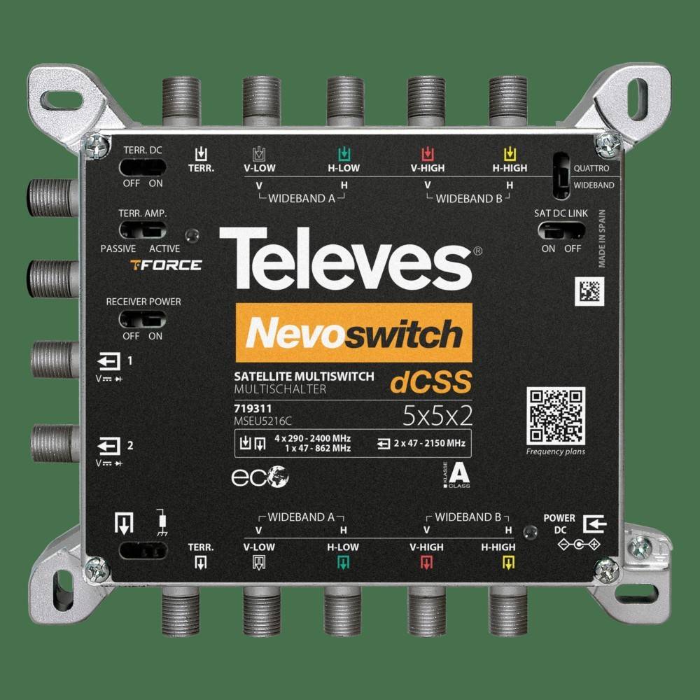 Televés Nevoswitch dCSS Satellitenumschalter mit mehreren F-Anschlussanschlüssen und gekennzeichneten Breitband-Ein-/Ausgängen.