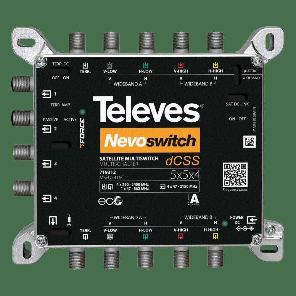 Televes Nevoswitch dCSS Satelliten-Multischalter mit mehreren Koaxialausgängen und gekennzeichneten Breitband-/Terrestrischen Eingängen auf einem schwarzen Metallgehäuse.
