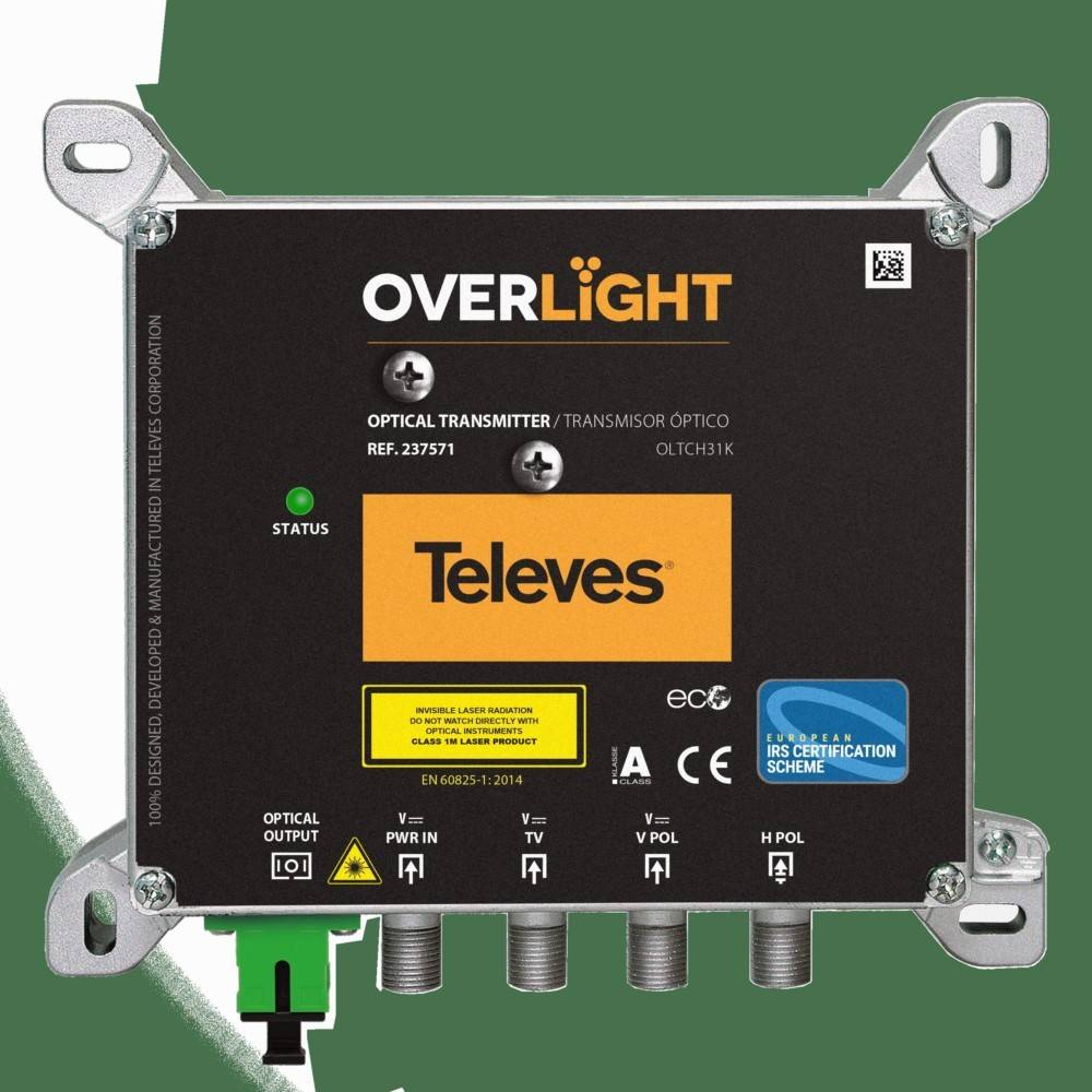 Televes OVERLIGHT Optischer Sendemodul mit Statusleuchte, Anschlüssen und Montageklammern auf grünem Hintergrund.