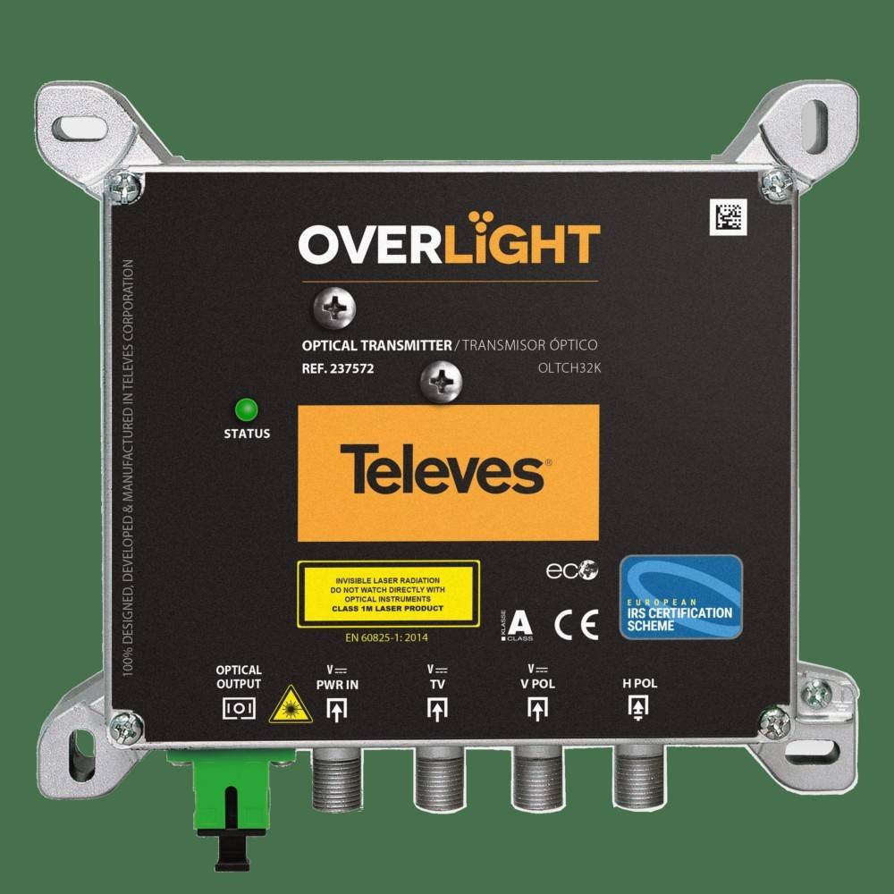 Televes OVERLIGHT Optischer Sender mit Metallbefestigungsklammen, Statusleuchte, optischem Ausgang und Anschlussanschlüssen auf grünem Hintergrund.