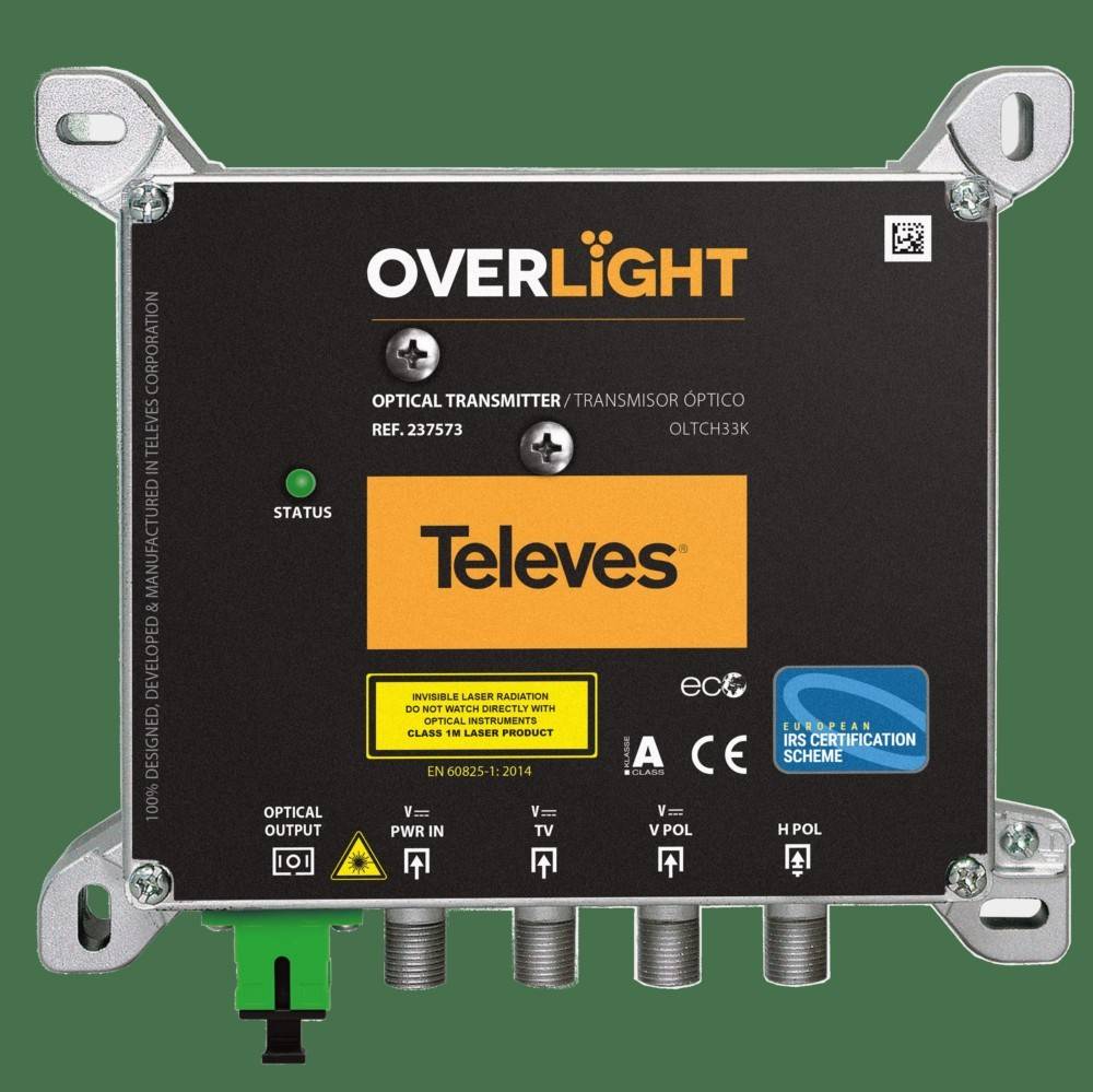 Televes OVERLIGHT optischer Sender mit Metallmontageklammern, Statusanzeige und beschrifteten Anschlüssen für optische Ausgabe und Stromzufuhr.