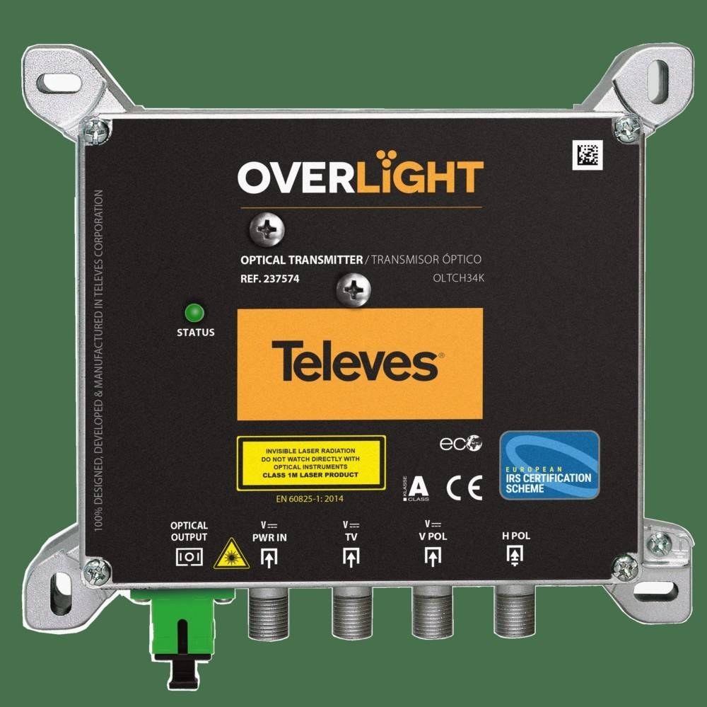 Televes OVERLIGHT optisches Sendemodul mit Metallmontageklammern, Statusleuchte und mehreren gekennzeichneten Anschlüssen auf grünem Hintergrund.