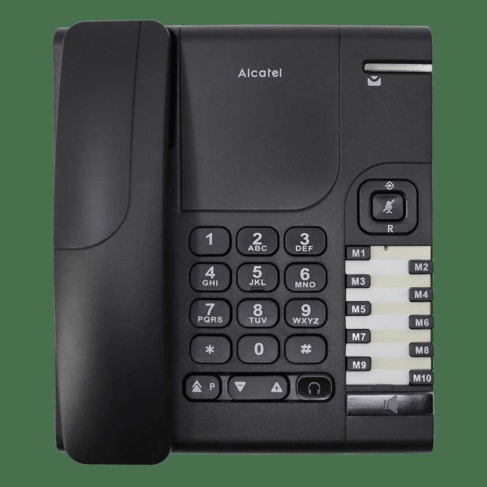 Schwarzes Alcatel-Bürotischtelefon mit Hörer, Ziffernblock, Freisprechfunktionstaste und zehn Schnellwahltasten mit den Beschriftungen M1-M10.
