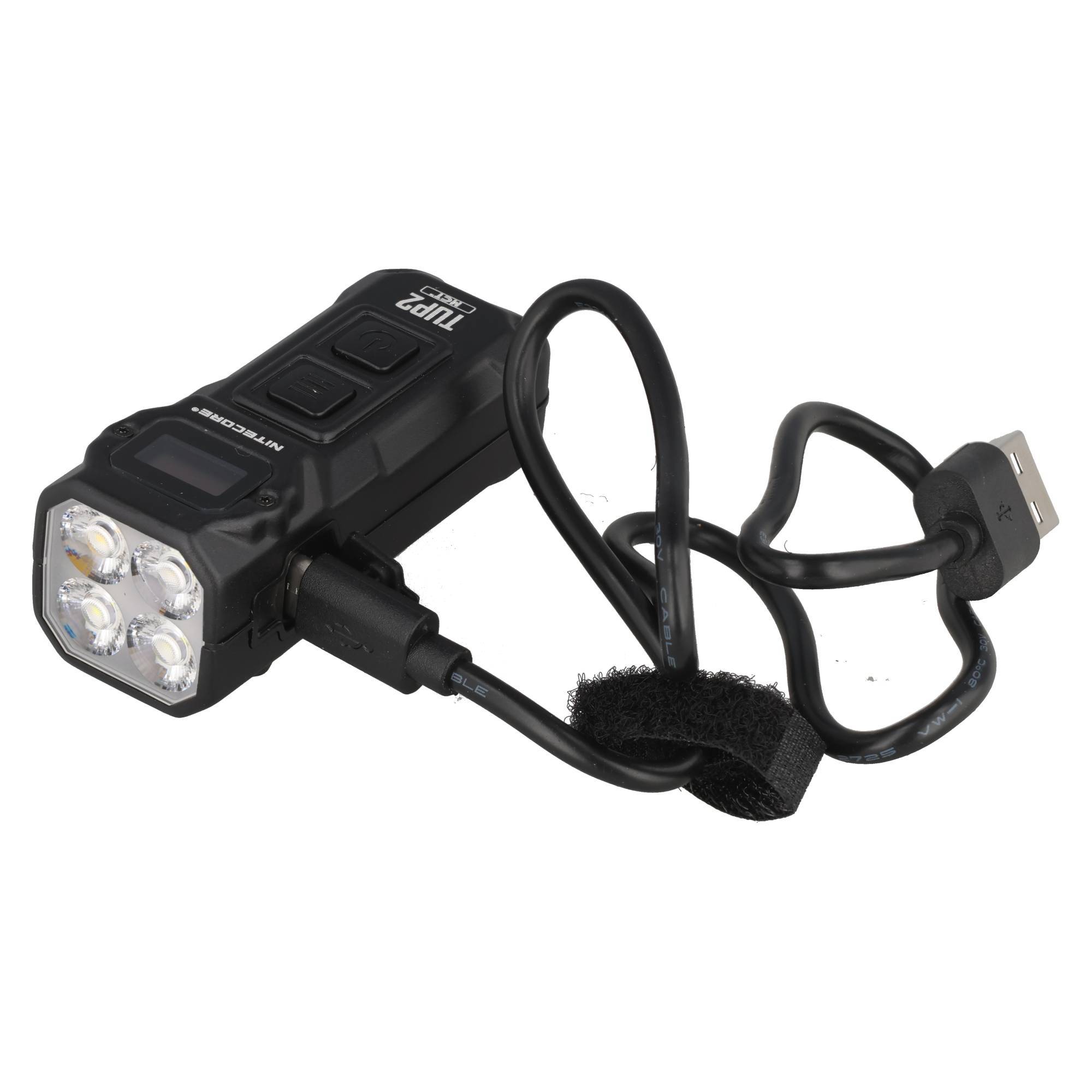 Schwarzes USB-aufladbares Fahrraddlicht mit vier LEDs, Montagegurt und Kabel, auf weißem Hintergrund dargestellt.